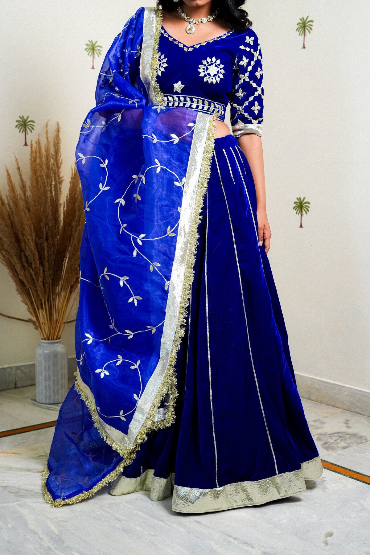 JASMINE ROYAL BLUE GOTTA PATTI EMBROIDERED VELVET LEHENGA SET