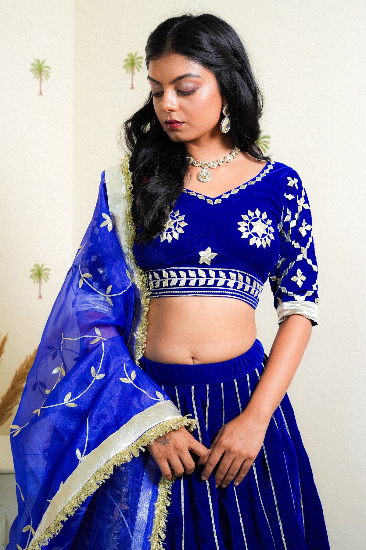 JASMINE ROYAL BLUE GOTTA PATTI EMBROIDERED VELVET LEHENGA SET