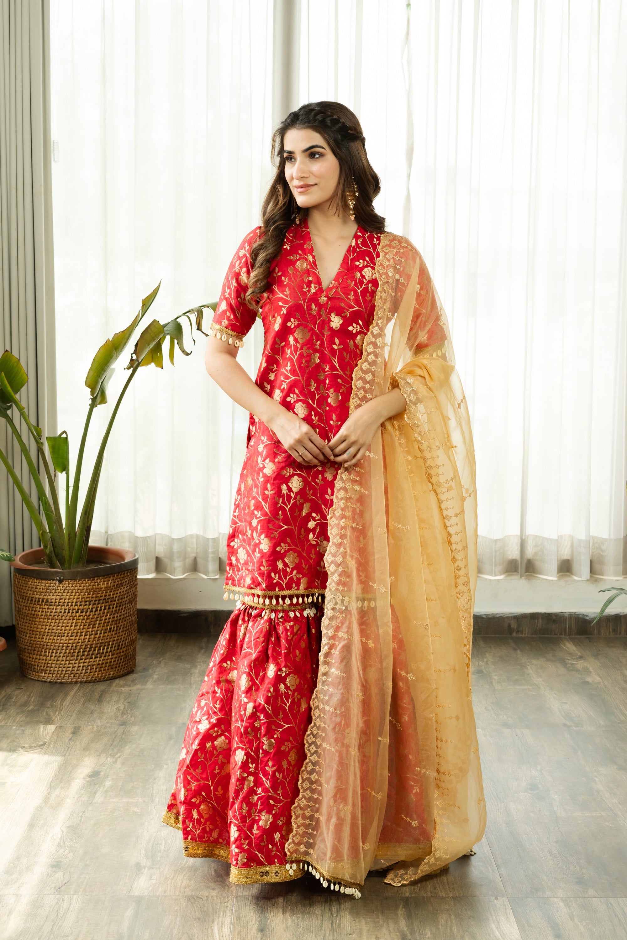 PREKSHA PINK BANARSI SHARARA SET WITH GOLDEN DUPATTA - Sarnya