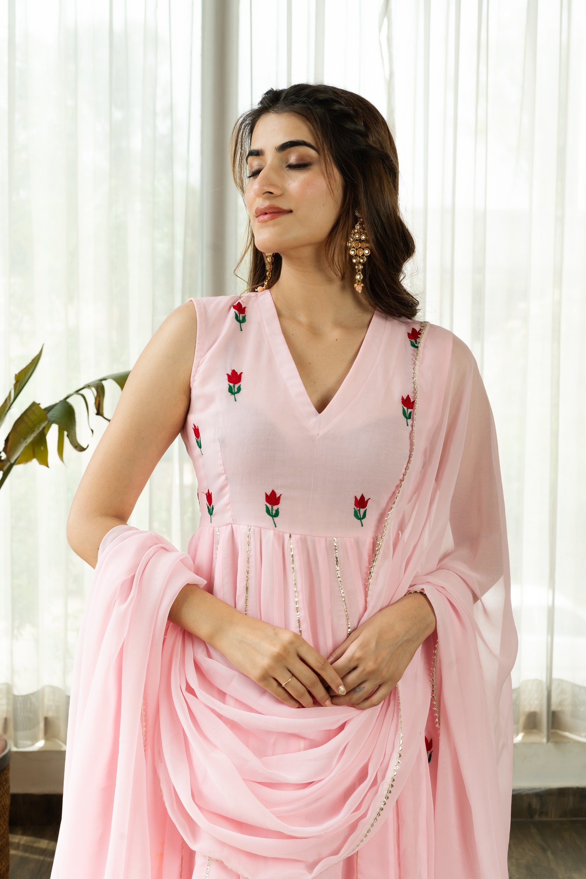 PREYA LIGHT PINK EMBROIDERED ANARKALI SUIT SET WITH DUPATTA - Sarnya