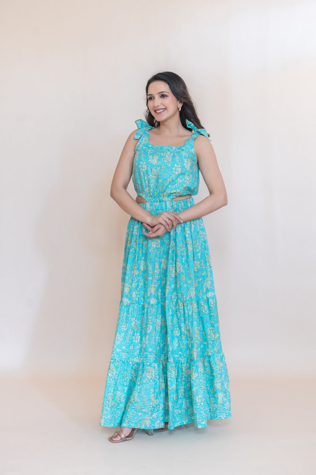 CORAL PRINTED COTTON FLARED DRESS