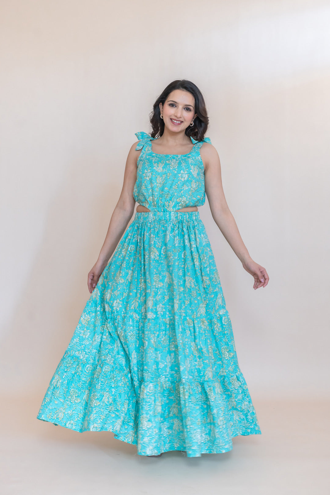 CORAL PRINTED COTTON FLARED DRESS