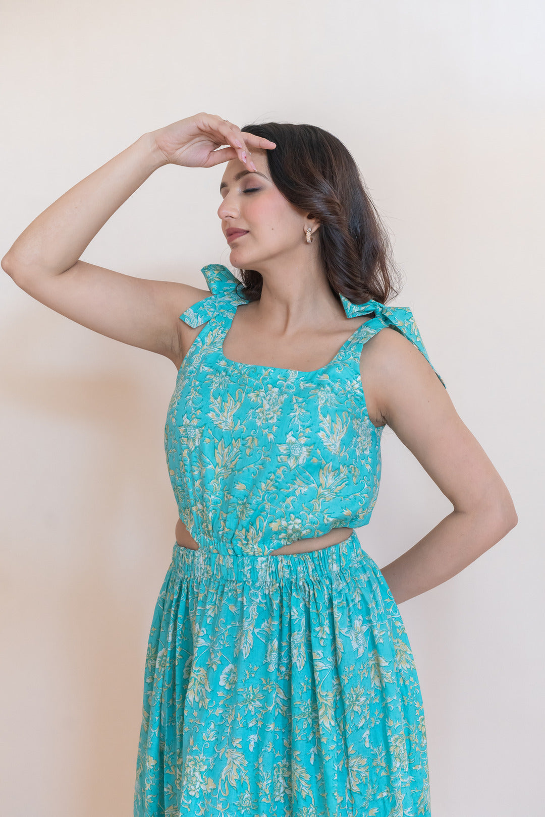 CORAL PRINTED COTTON FLARED DRESS