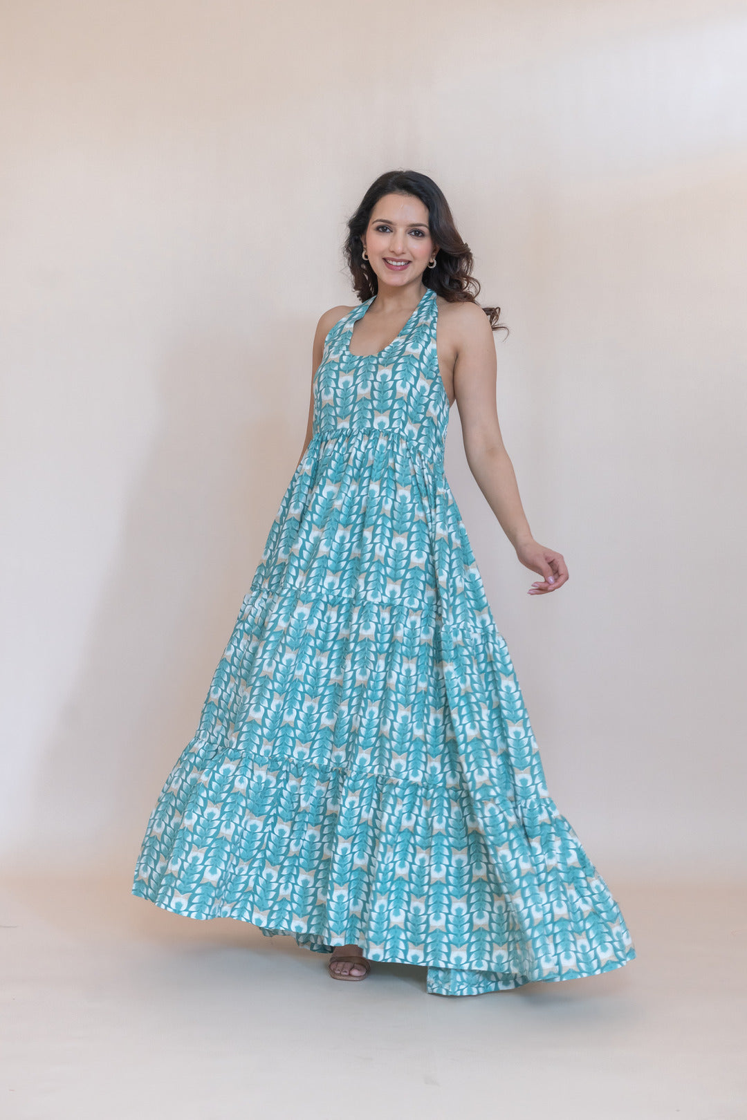 TURQUOISE COTTON FLARED DRESS