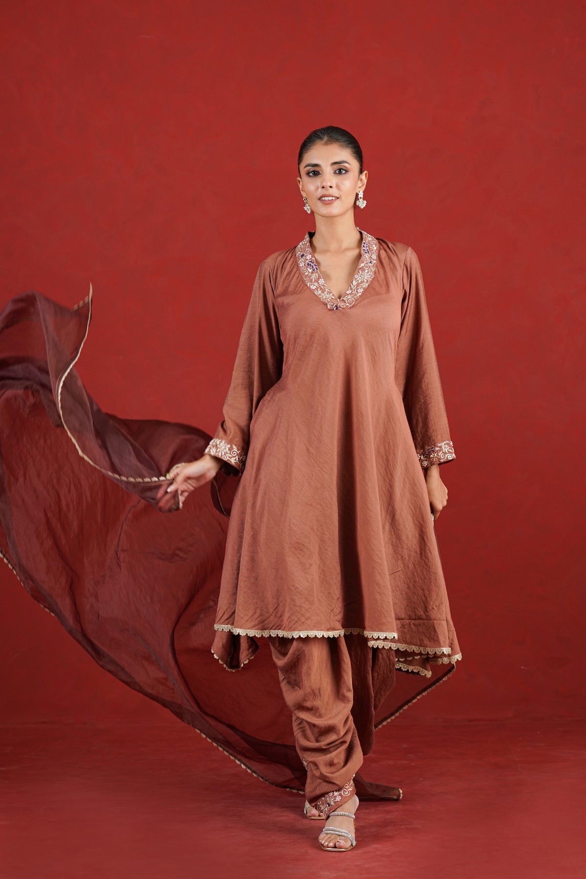 Zehra brown Chanderi dhoti kurta set with organza dupatta full view