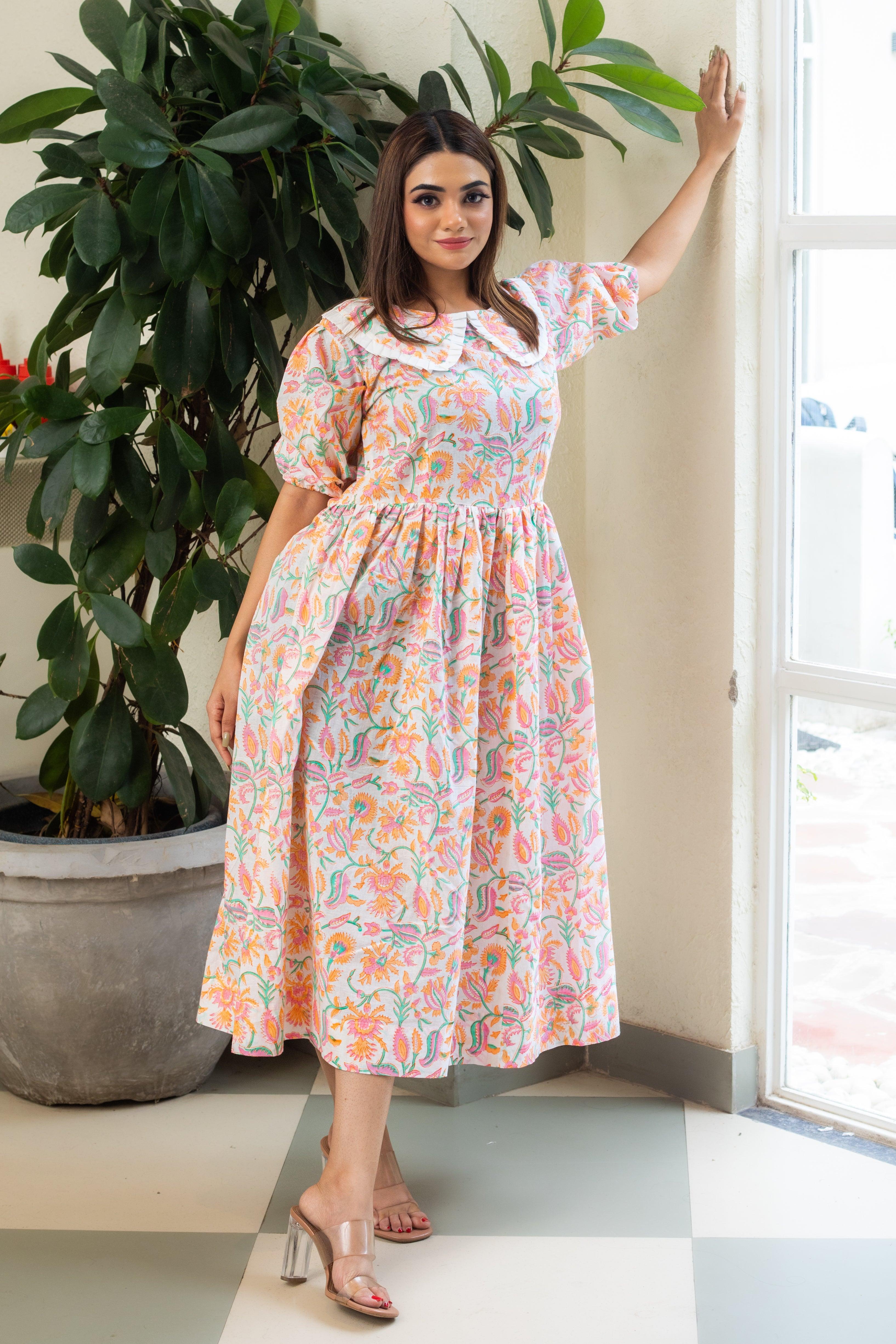 ORANGE HAZE FLORAL BREZZY DRESS - Sarnya