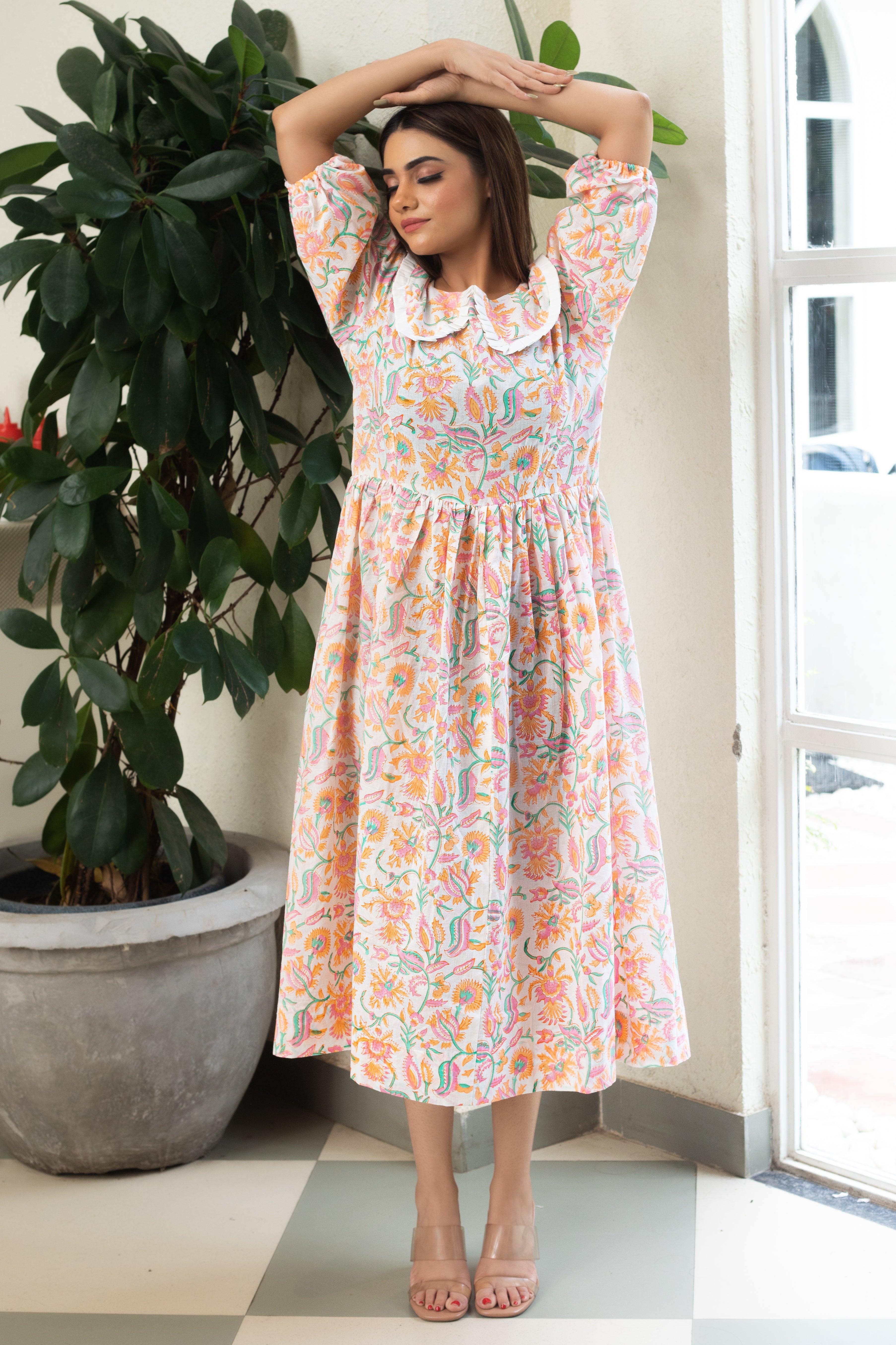 ORANGE HAZE FLORAL BREZZY DRESS - Sarnya