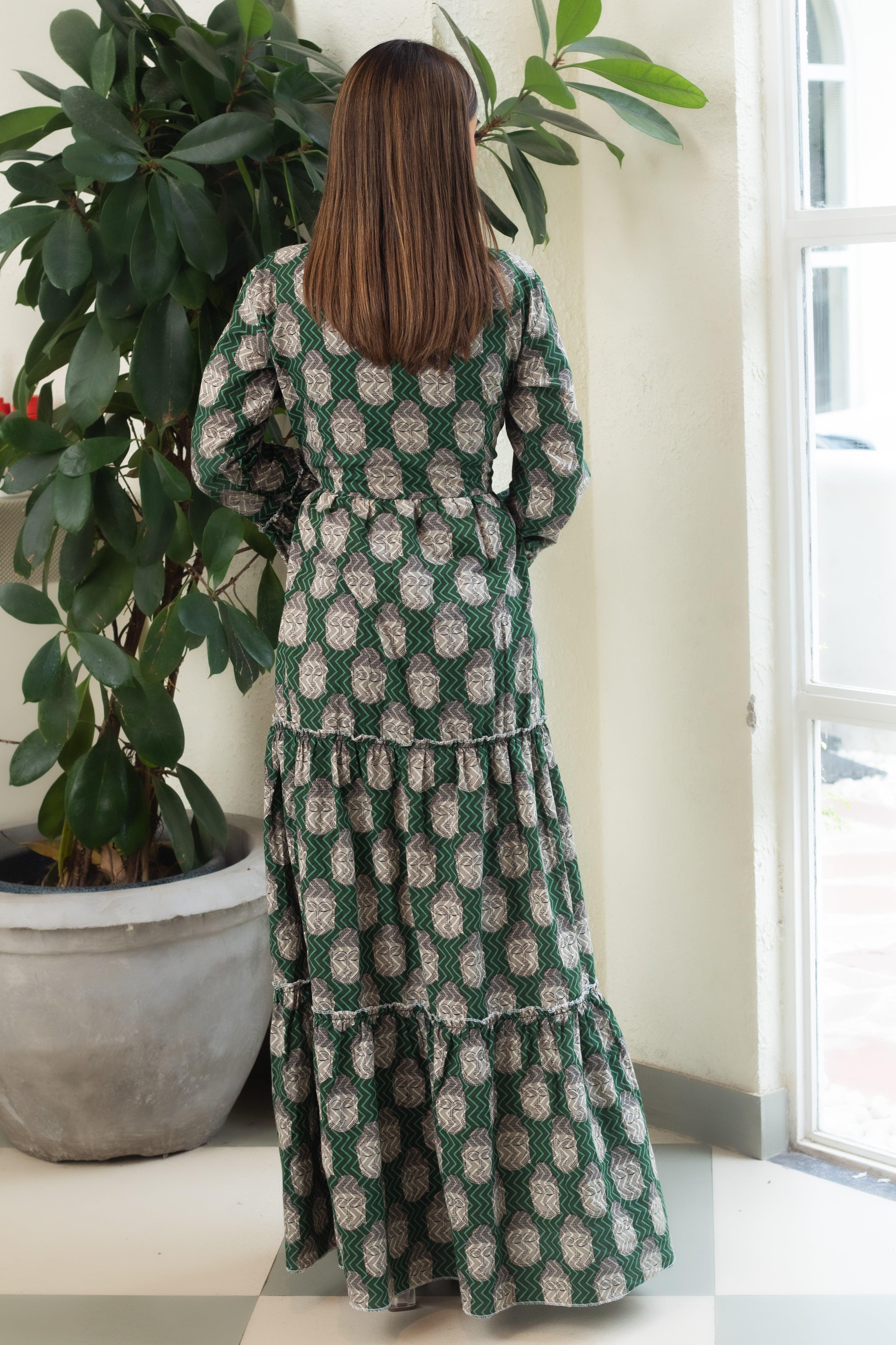 BUDDHA GREEN HANDBLOCK DRESS - Sarnya