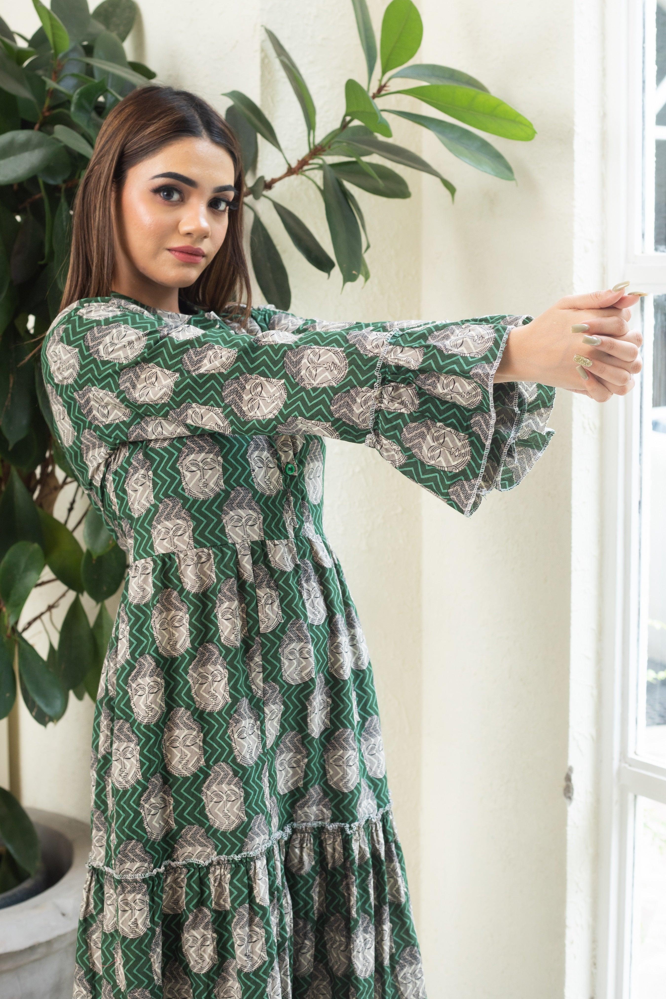 BUDDHA GREEN HANDBLOCK DRESS - Sarnya