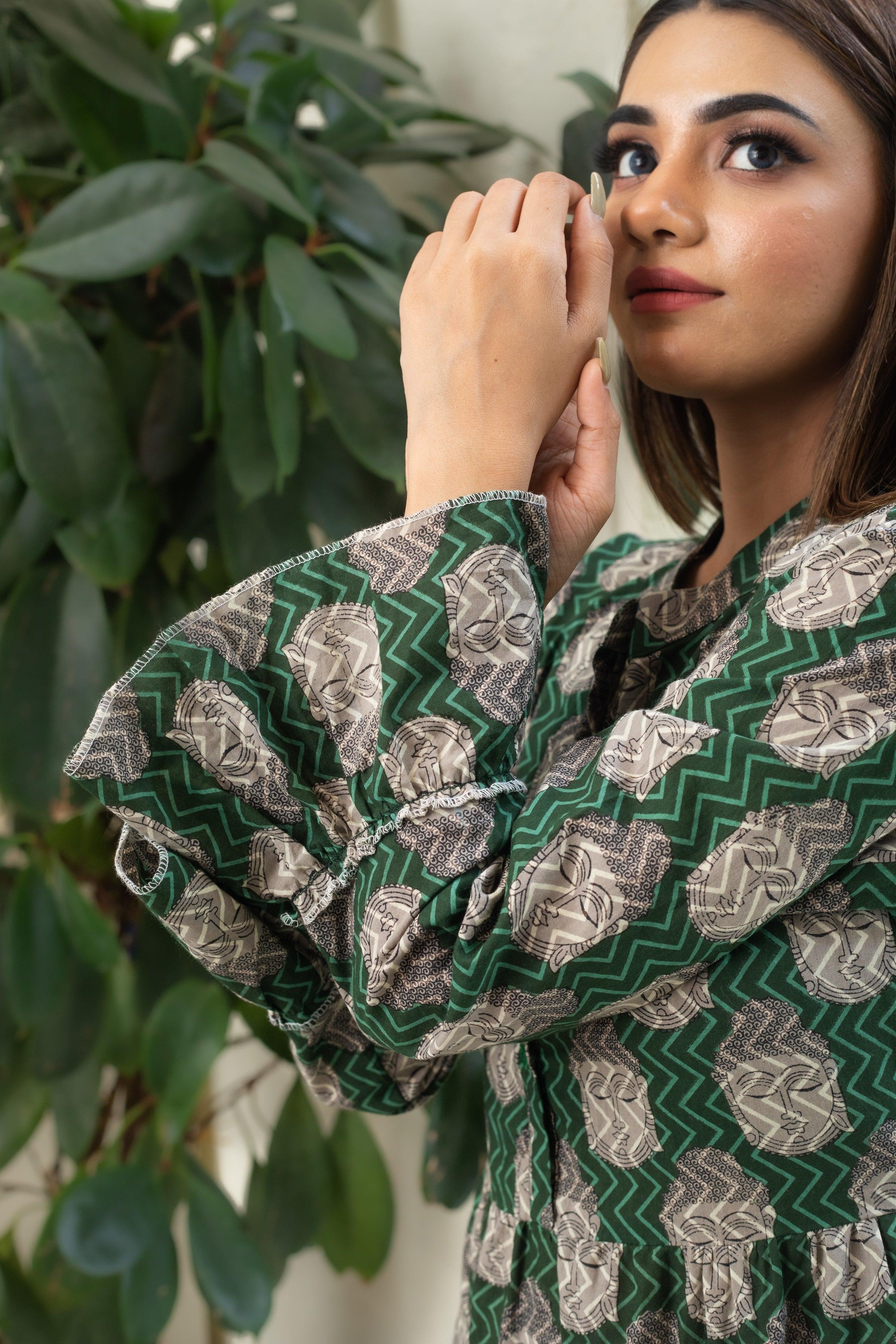 BUDDHA GREEN HANDBLOCK DRESS - Sarnya