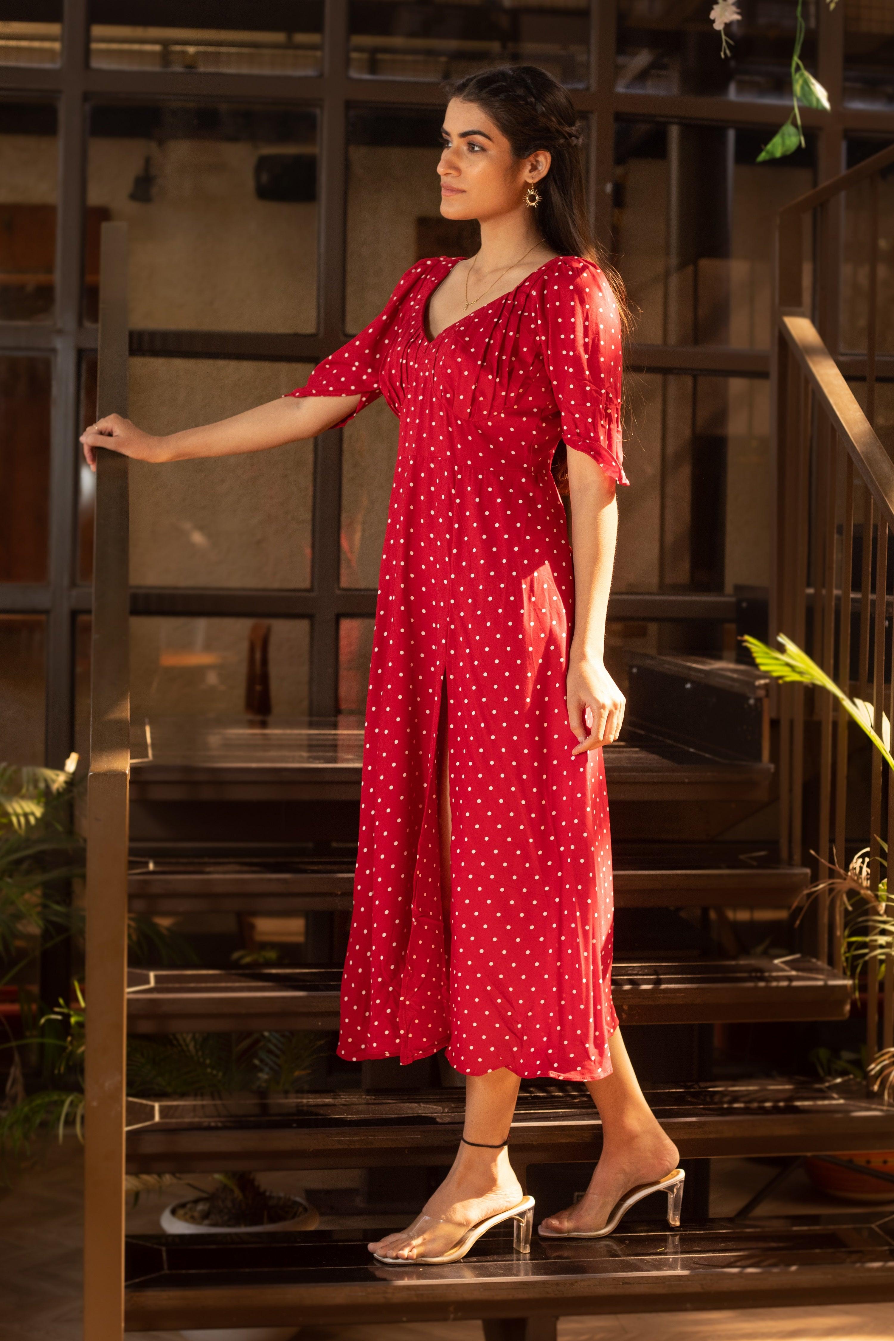 REDDISH POLKA DRESS - Sarnya