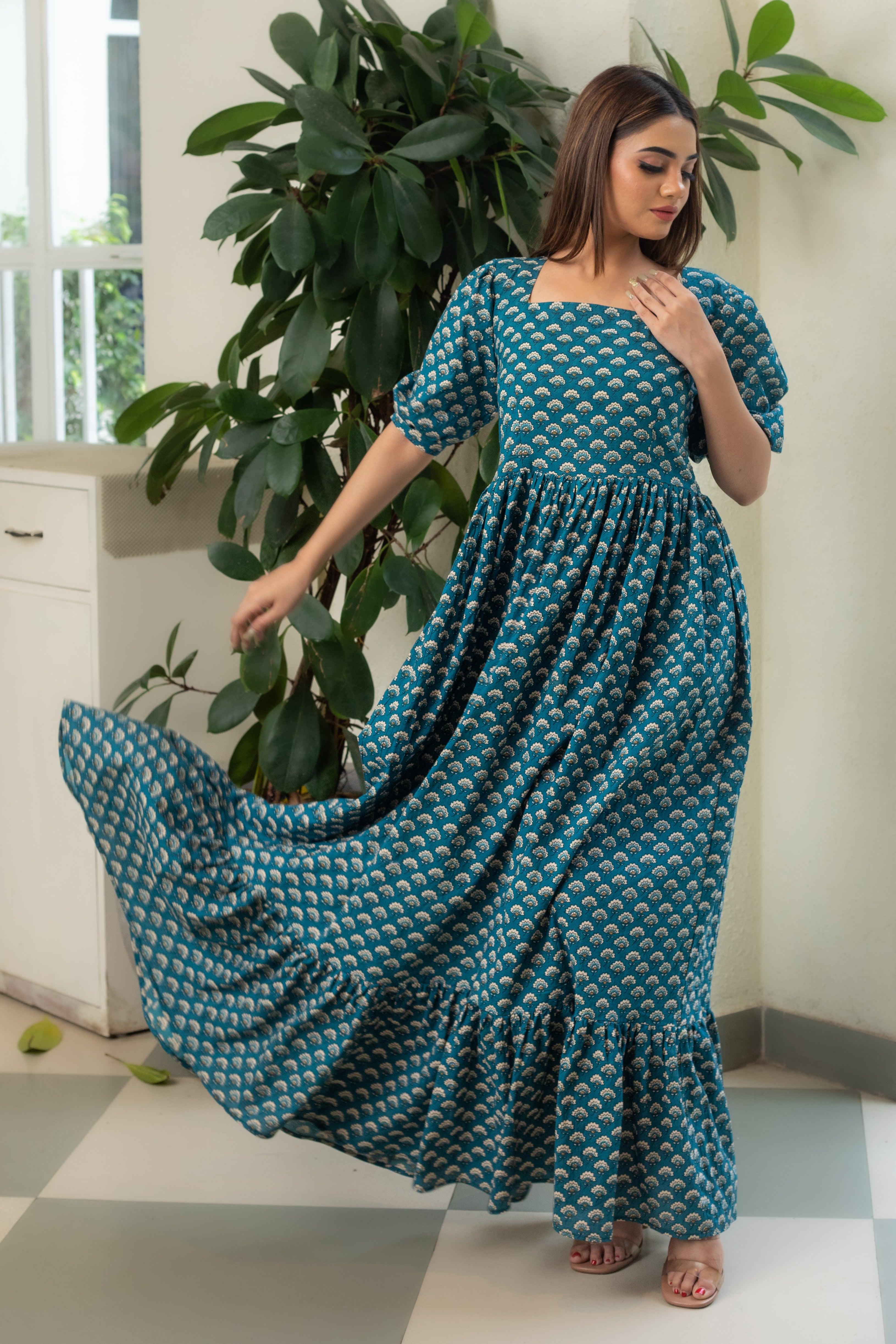 DARK LEAFY HANDBLOCK DRESS - Sarnya
