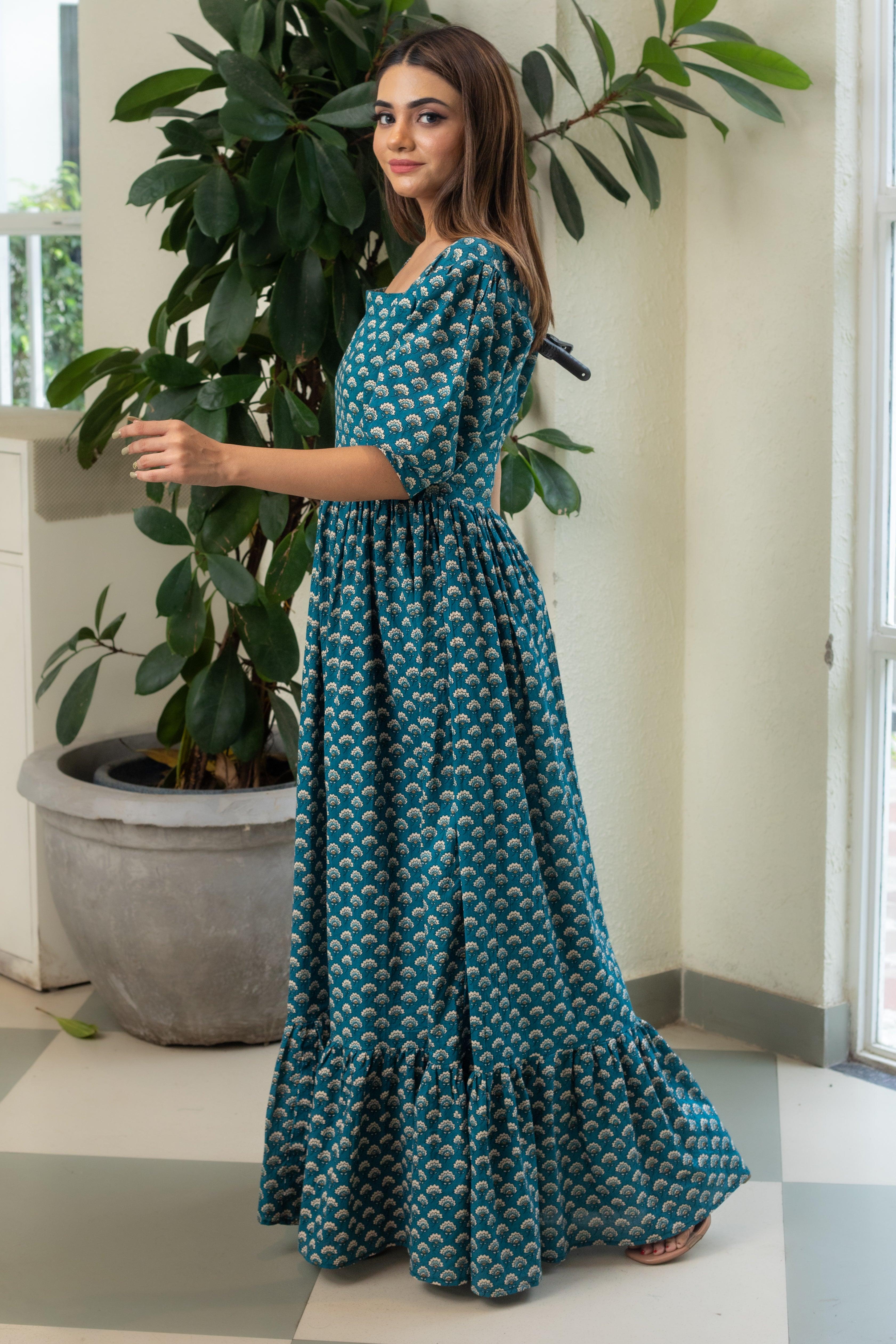 DARK LEAFY HANDBLOCK DRESS - Sarnya
