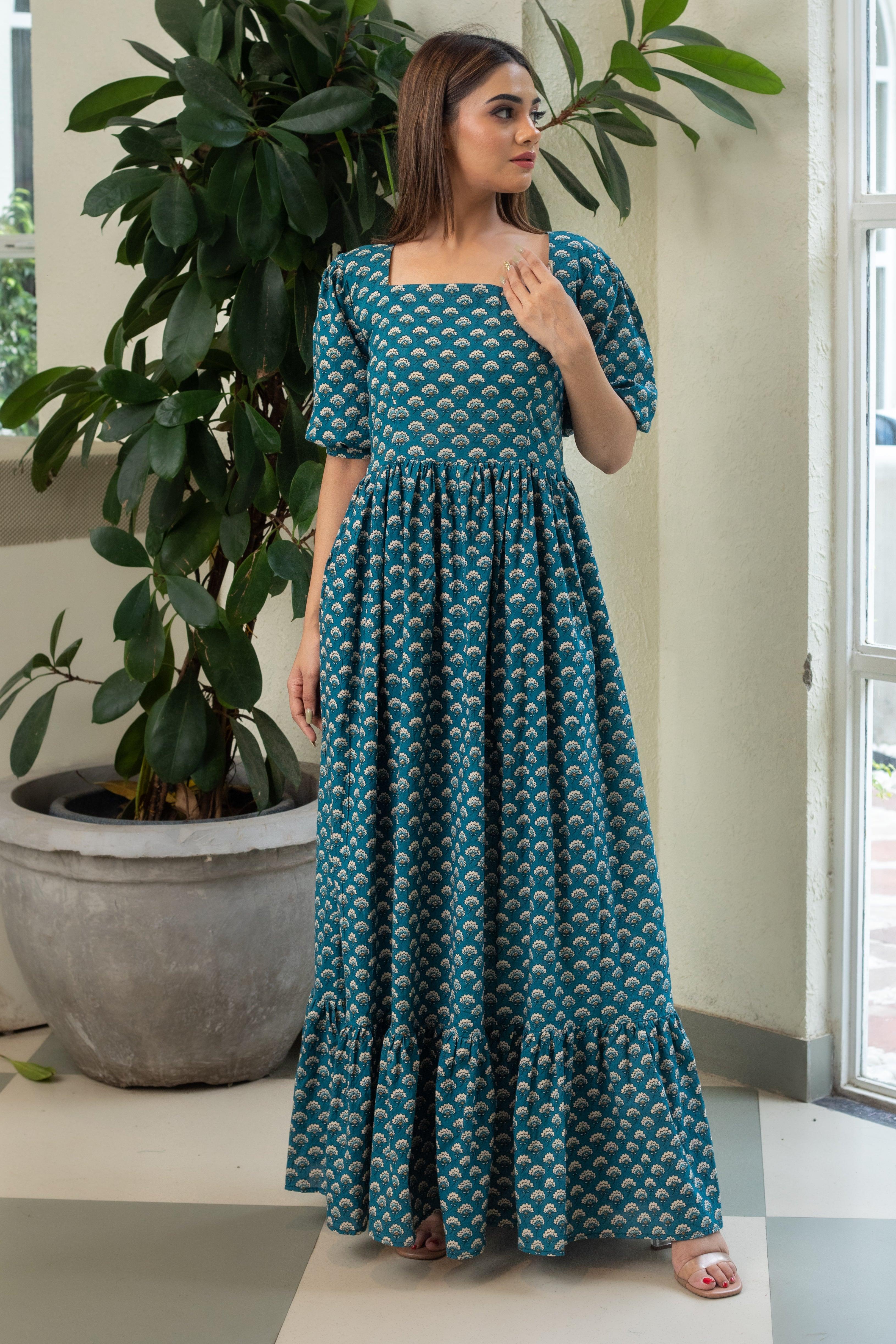 DARK LEAFY HANDBLOCK DRESS - Sarnya