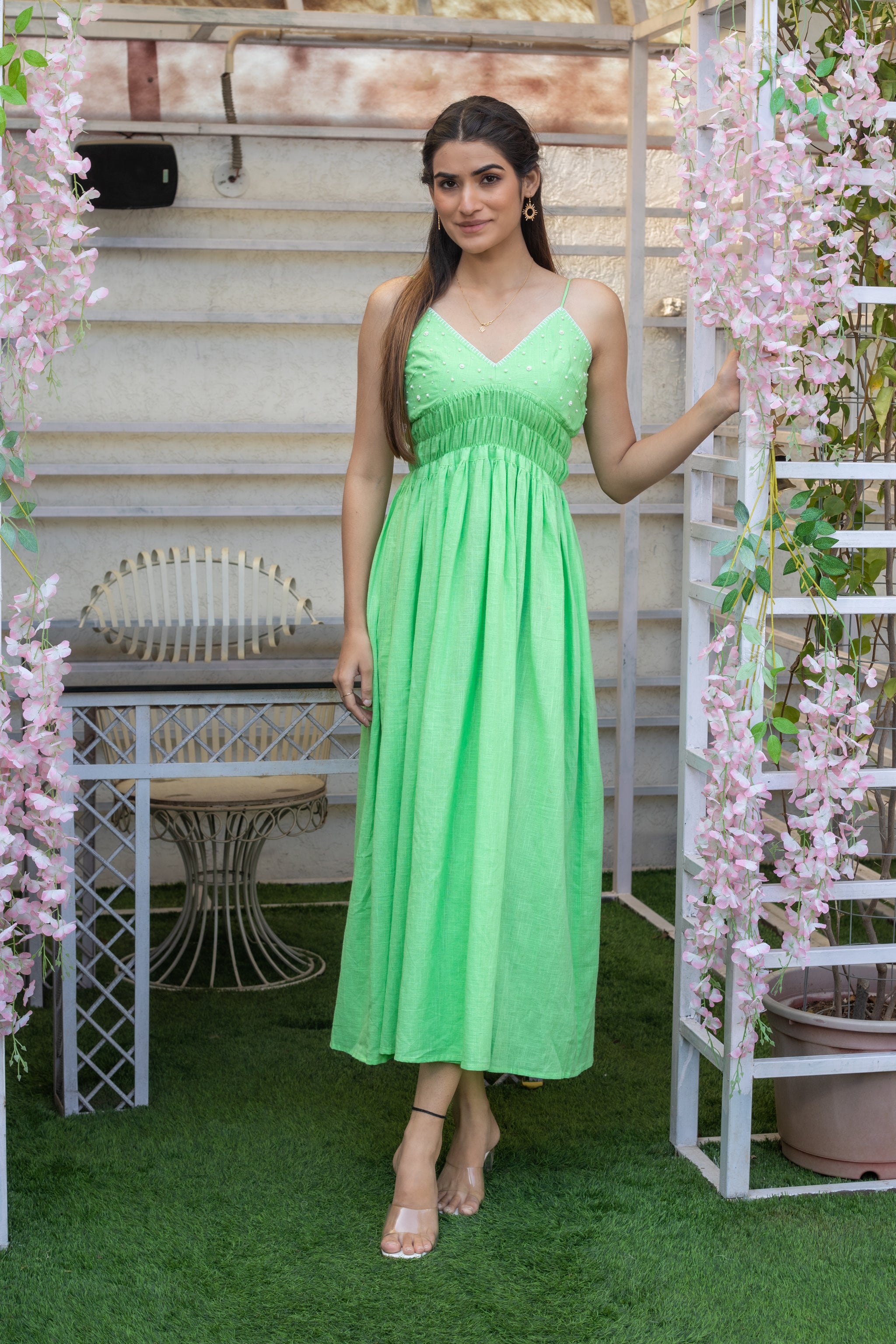 Pistachio Bloom Chiffon Shimmer Embroidered Saree with Fall & Pico Fully Stitched Blouse