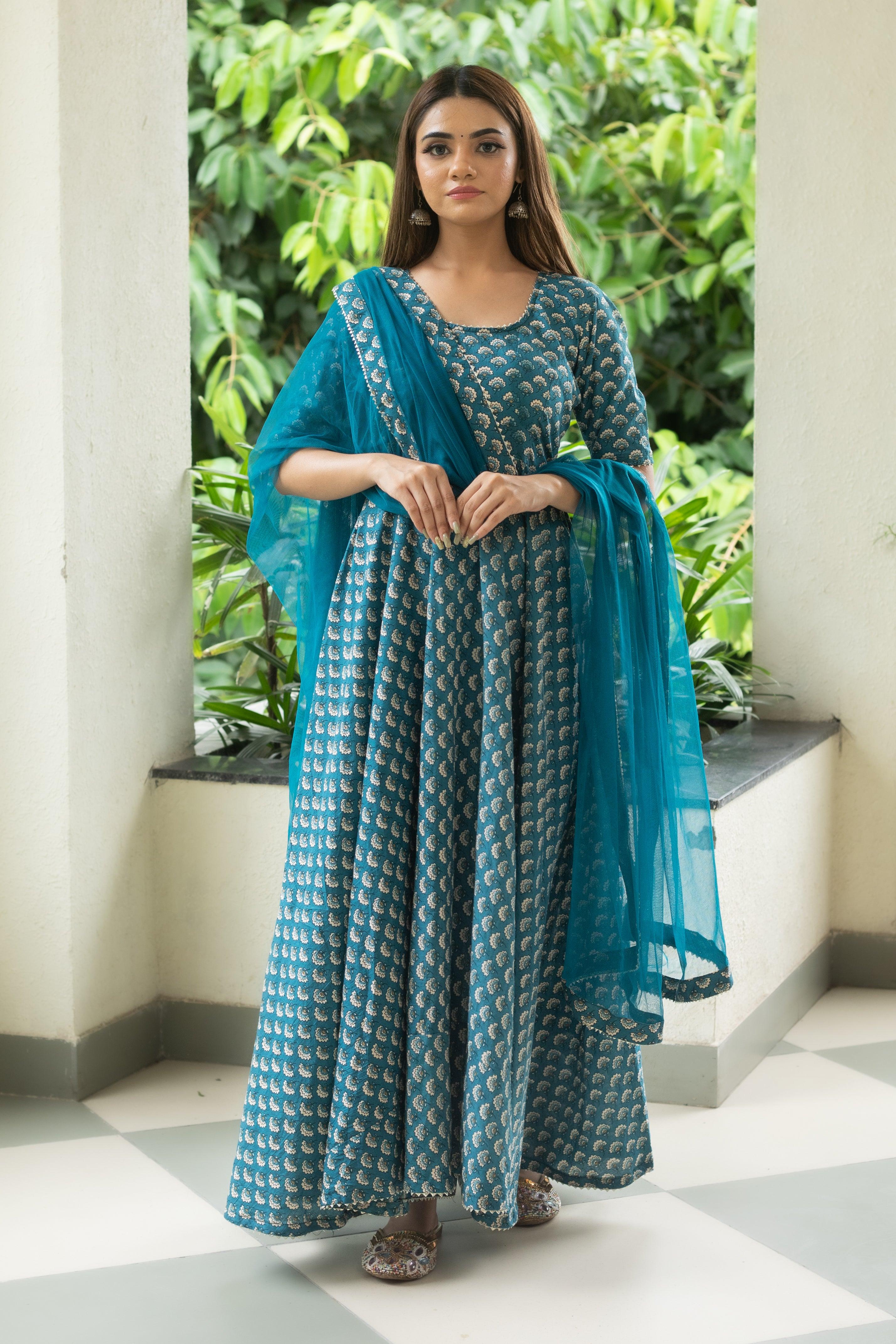 BLUE FLORAL HANDBLOCK SUIT SET - Sarnya
