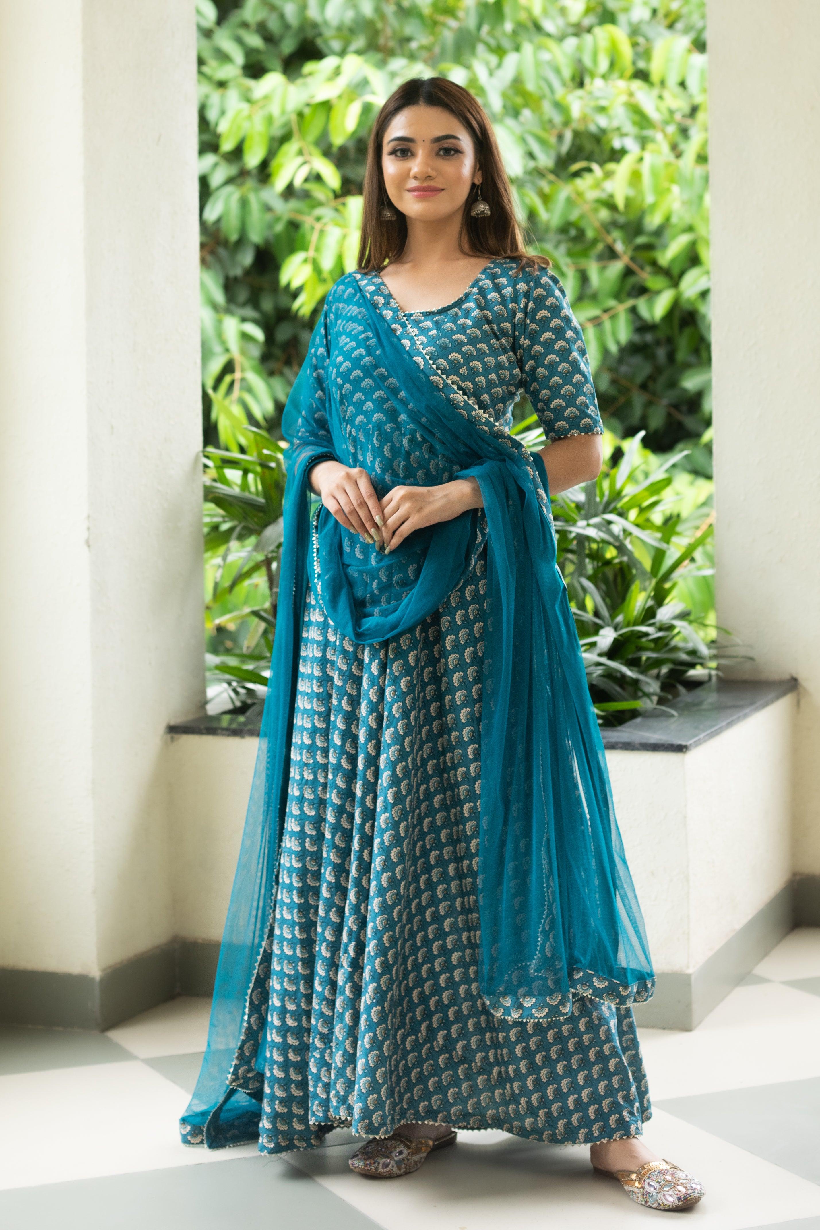 BLUE FLORAL HANDBLOCK SUIT SET - Sarnya