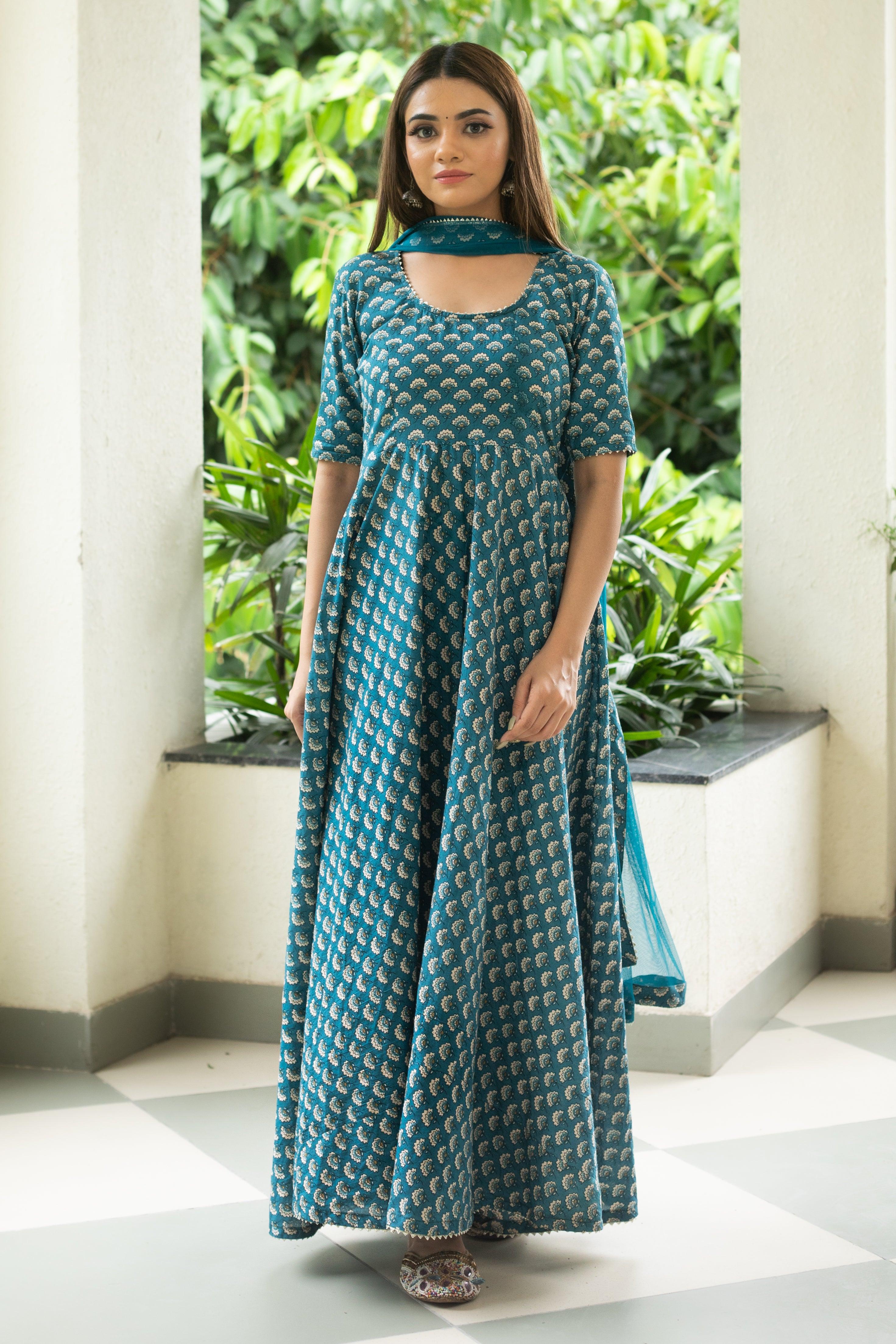 BLUE FLORAL HANDBLOCK SUIT SET - Sarnya