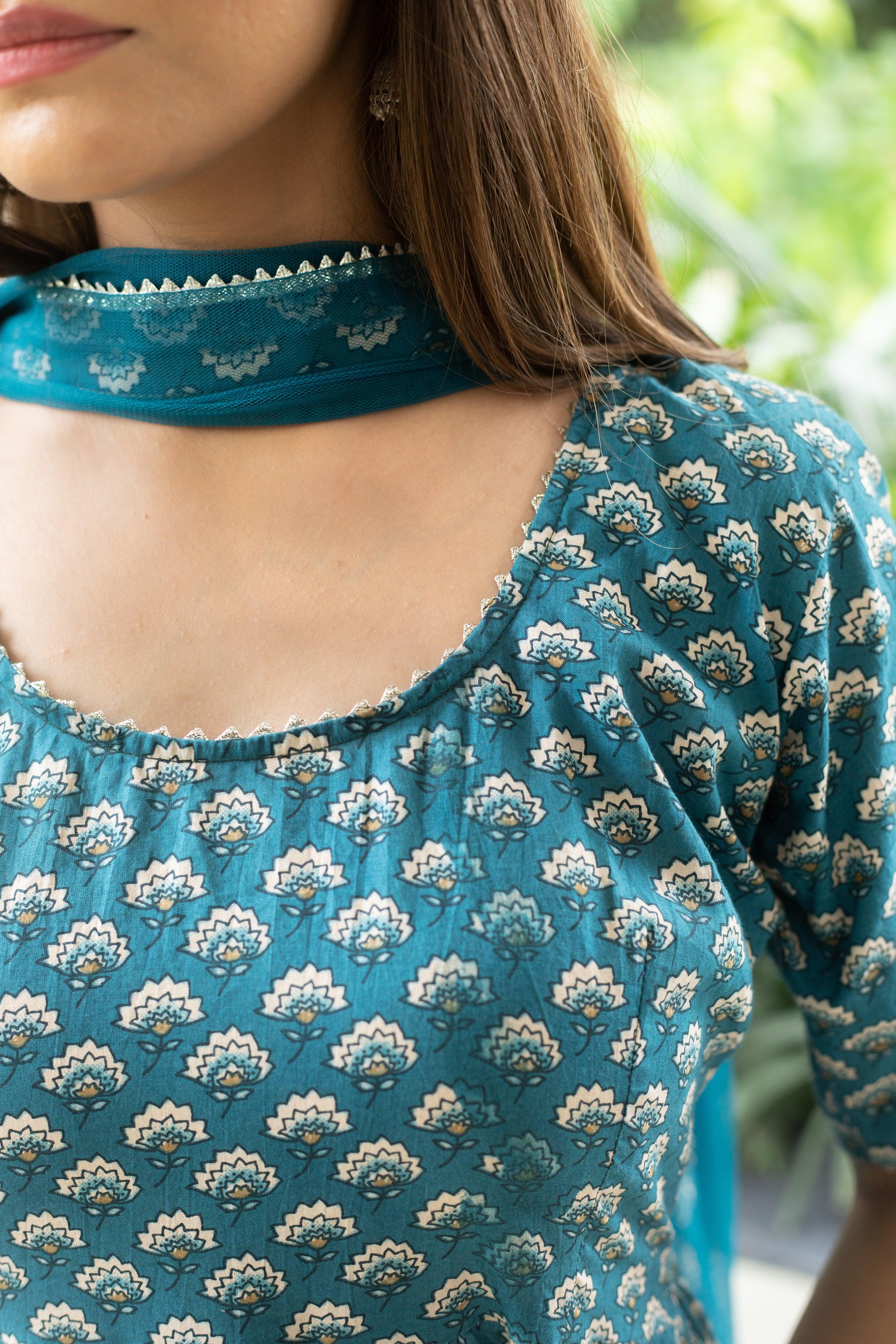 BLUE FLORAL HANDBLOCK SUIT SET - Sarnya