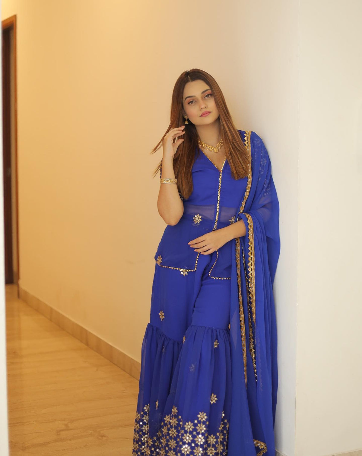 ROYAL BLUE EMBROIDERED SHARARA SET - Sarnya