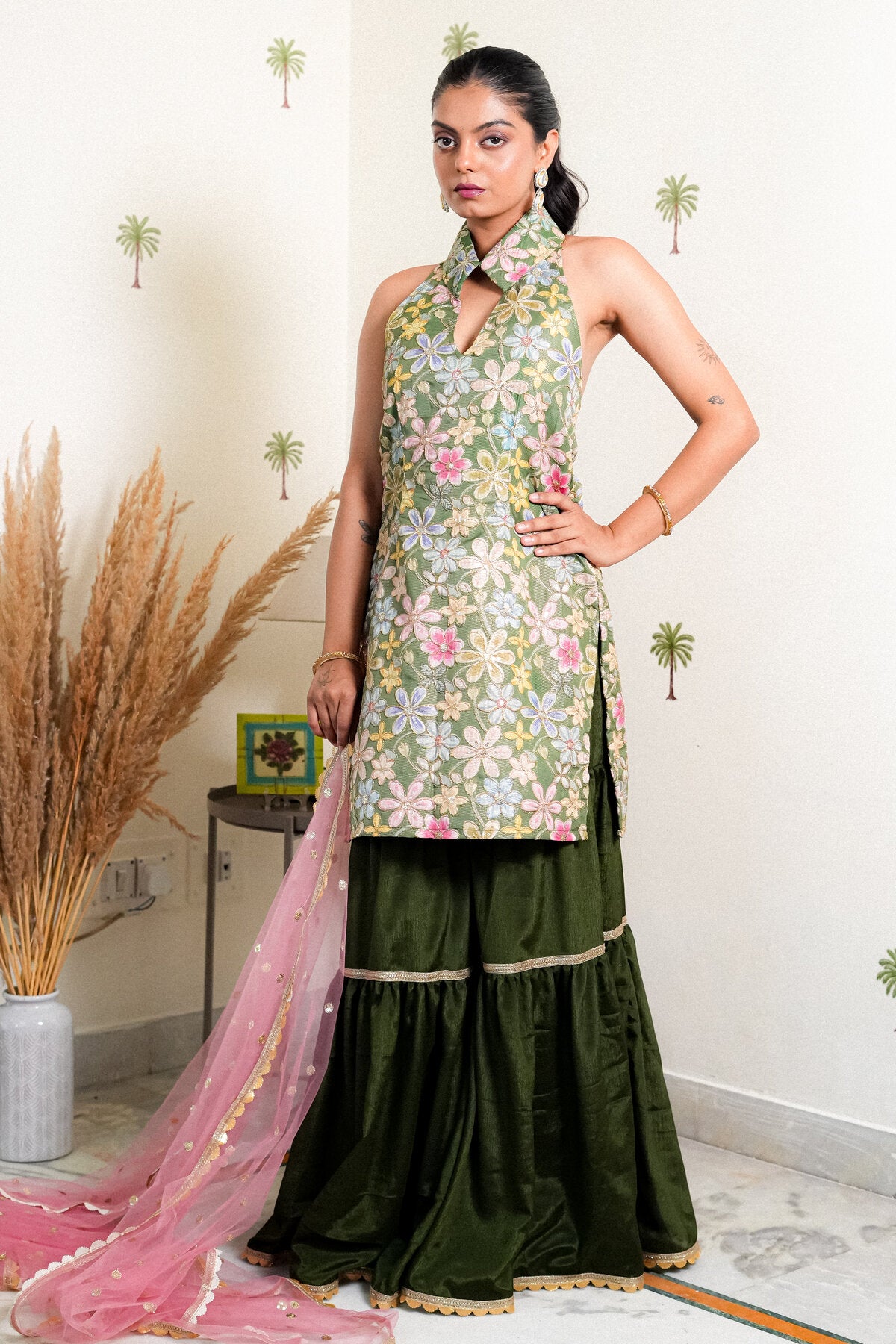 INAYA GREEN SILK EMBROIDERED SHARARA SET