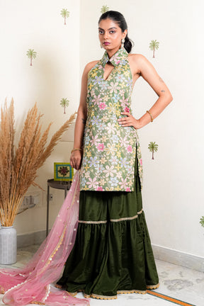 INAYA GREEN SILK EMBROIDERED SHARARA SET