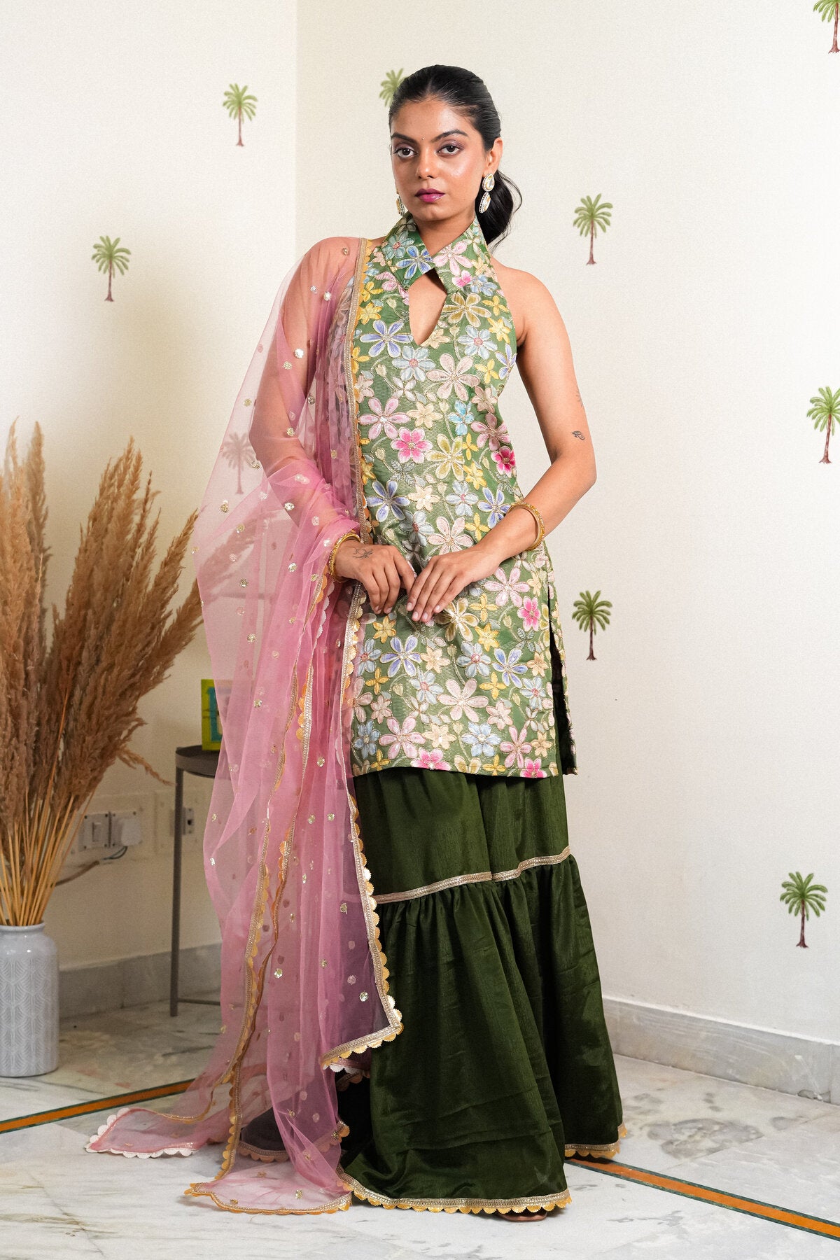INAYA GREEN SILK EMBROIDERED SHARARA SET