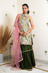 INAYA GREEN SILK EMBROIDERED SHARARA SET