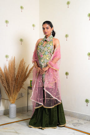 INAYA GREEN SILK EMBROIDERED SHARARA SET