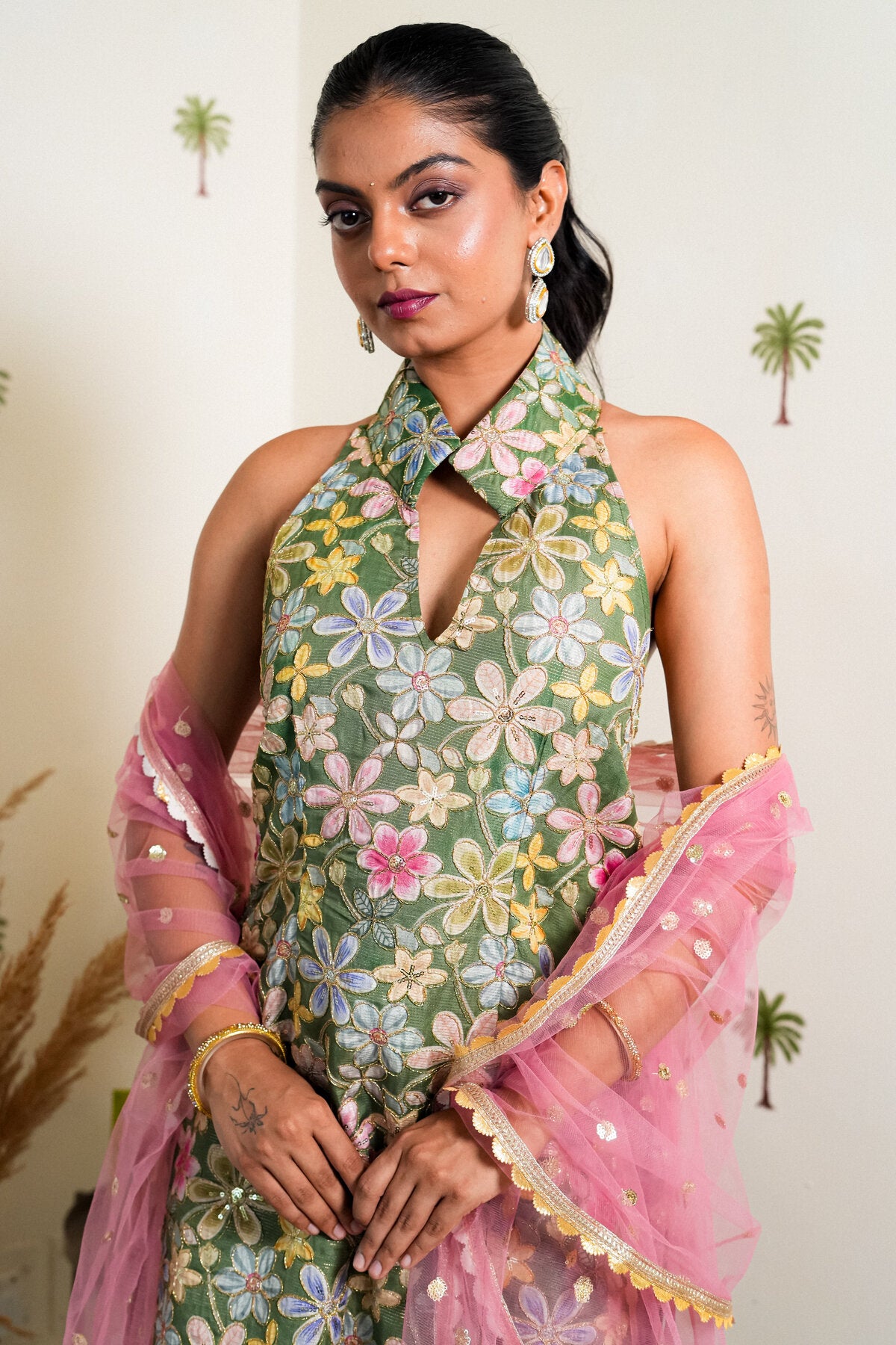 INAYA GREEN SILK EMBROIDERED SHARARA SET