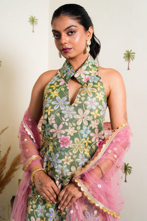 INAYA GREEN SILK EMBROIDERED SHARARA SET