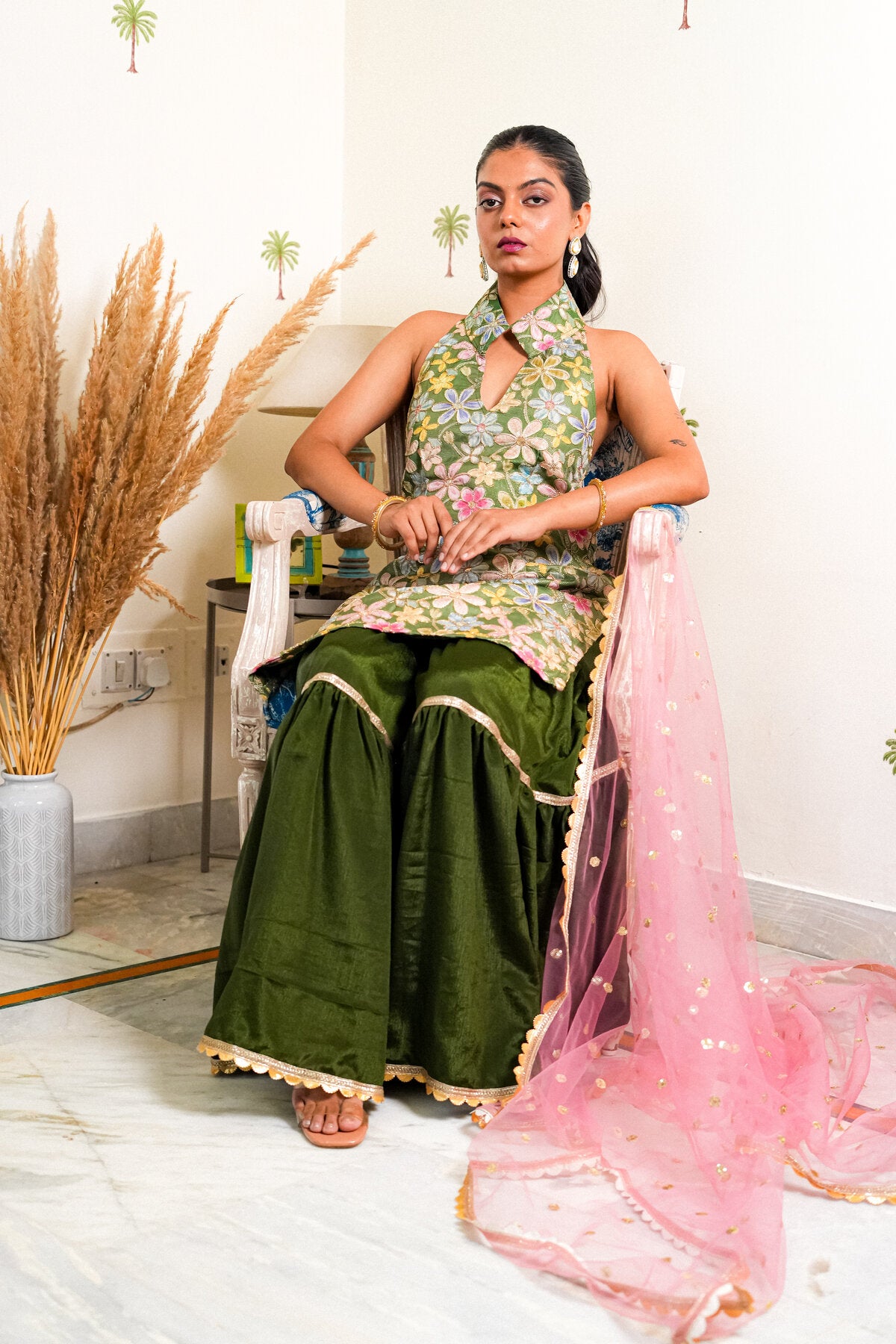 INAYA GREEN SILK EMBROIDERED SHARARA SET