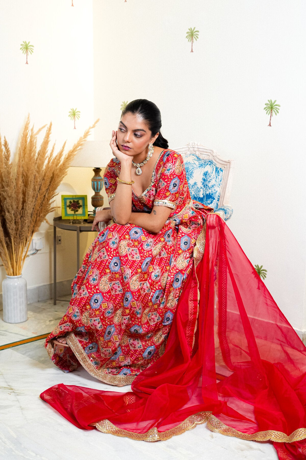 OJA RED CHANDERI SILK ANARKALI SUIT SET