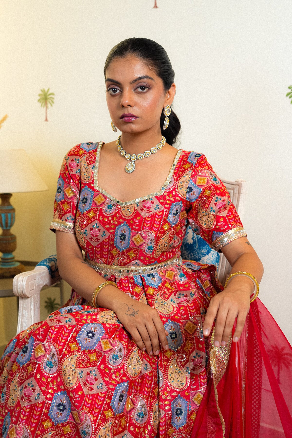 OJA RED CHANDERI SILK ANARKALI SUIT SET