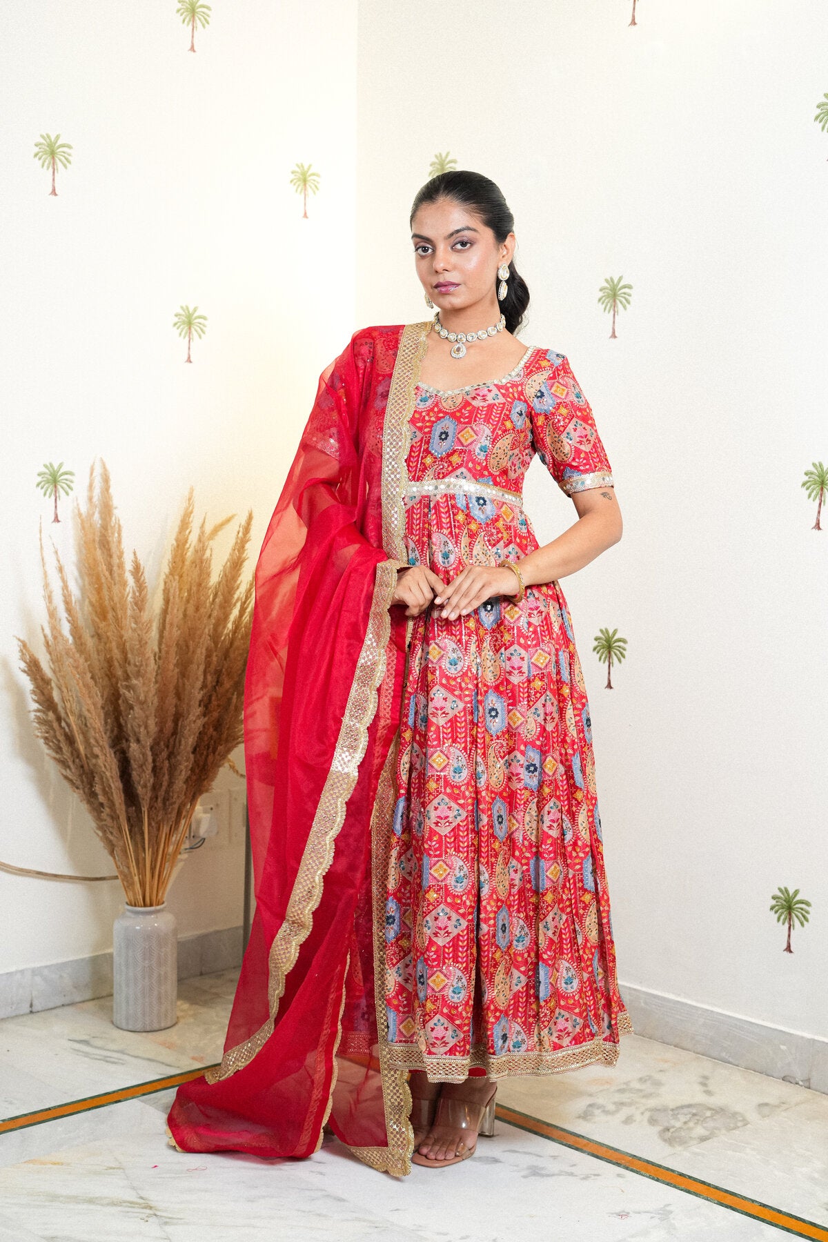 OJA RED CHANDERI SILK ANARKALI SUIT SET