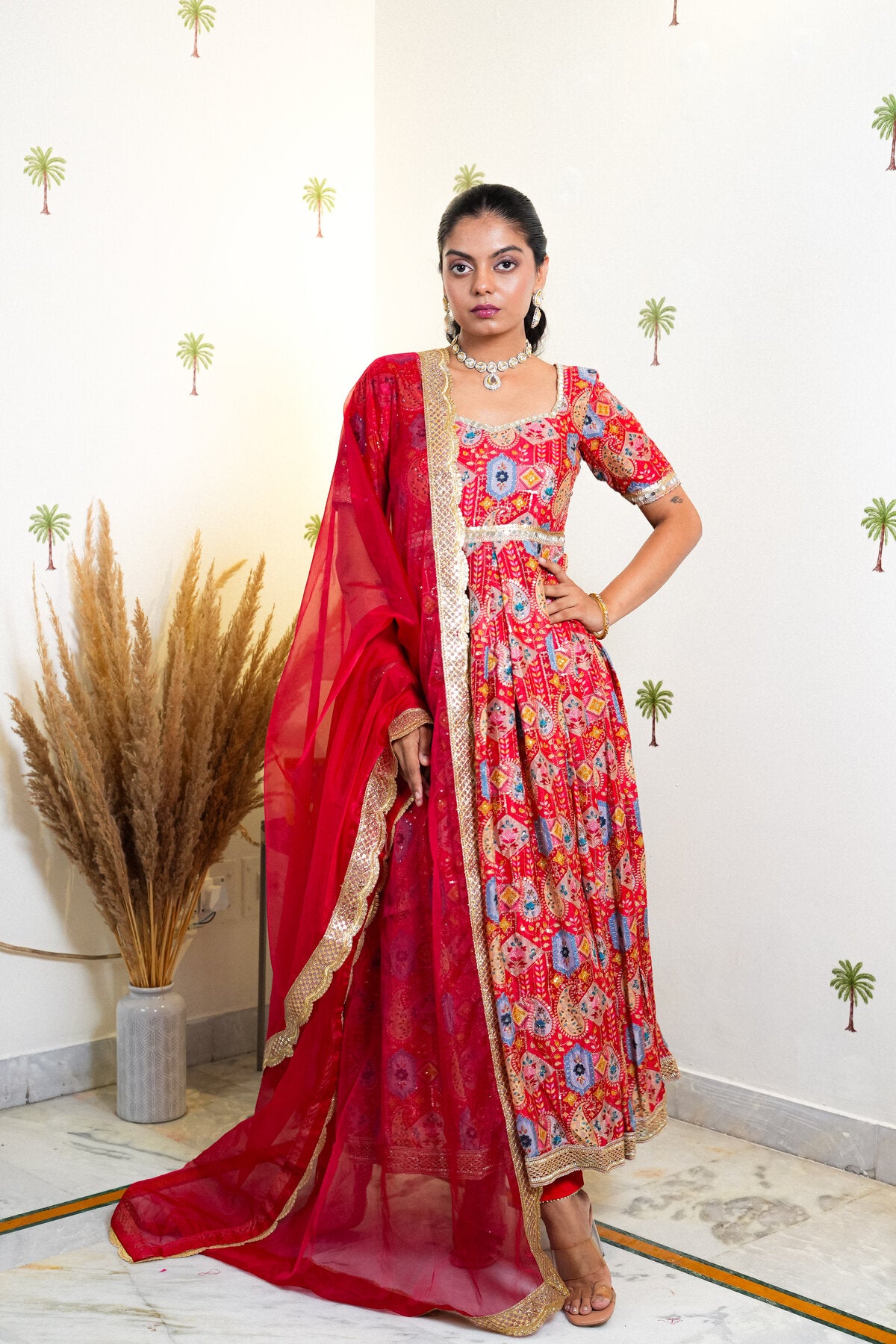 OJA RED CHANDERI SILK ANARKALI SUIT SET