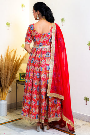 OJA RED CHANDERI SILK ANARKALI SUIT SET