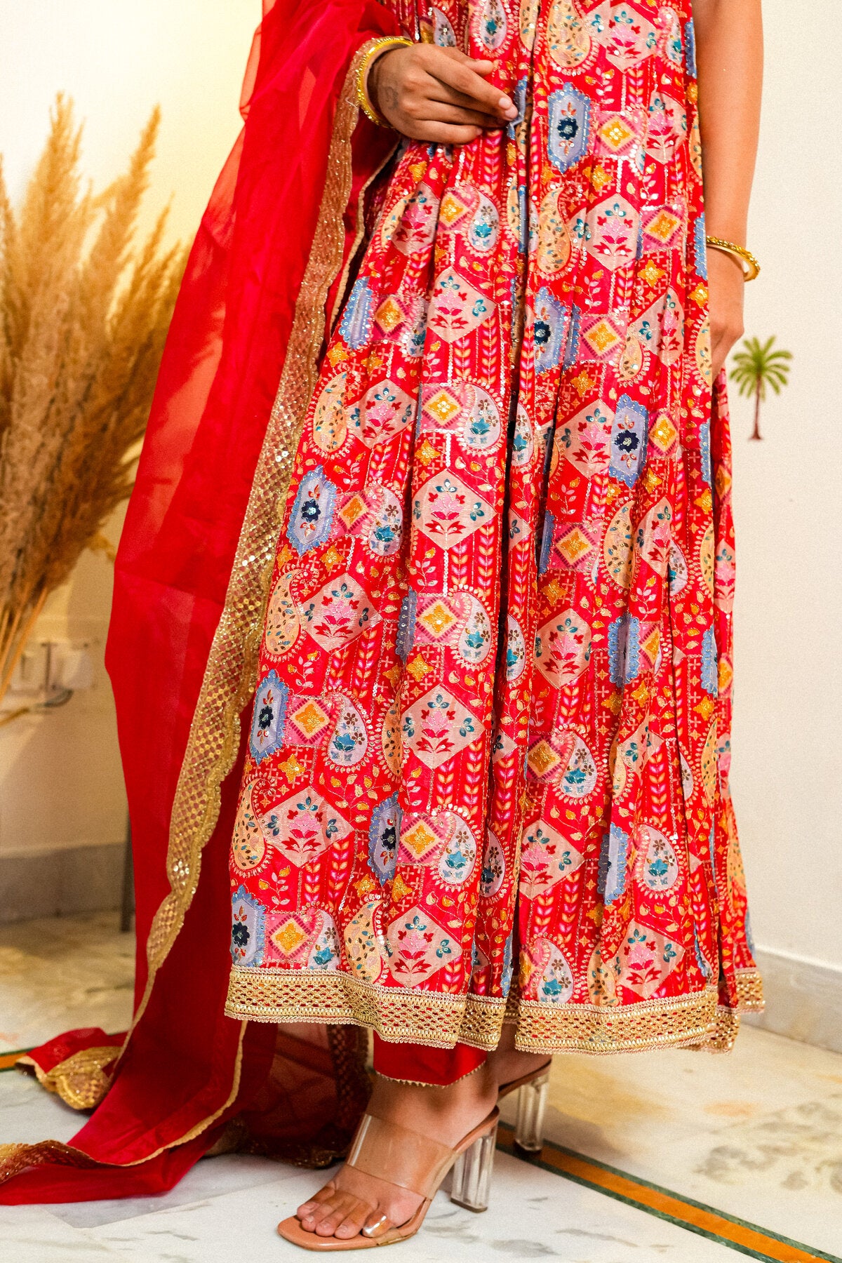 OJA RED CHANDERI SILK ANARKALI SUIT SET
