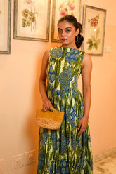 Elara Green Gathered Cotton Dress
