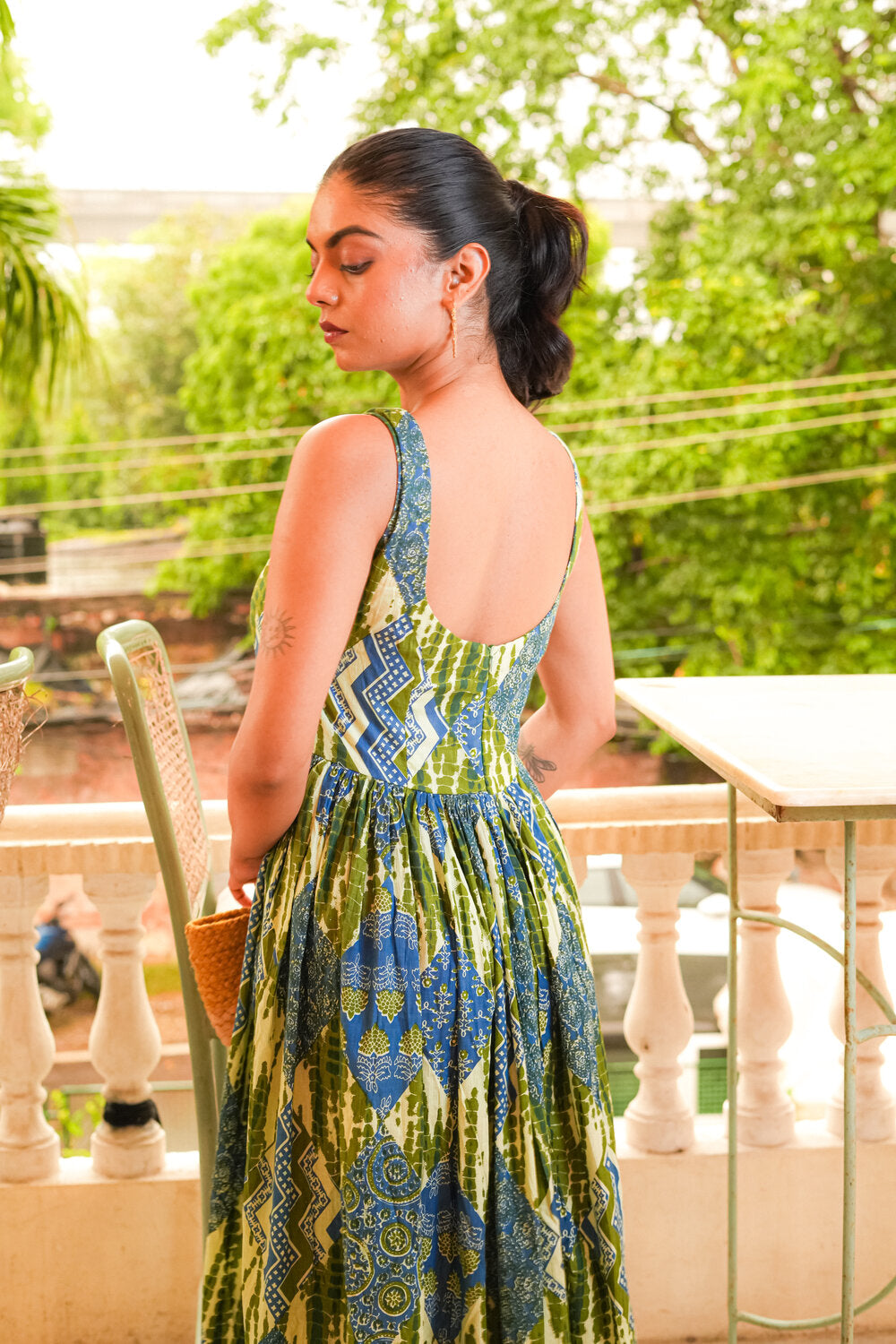 Elara Green Gathered Cotton Dress