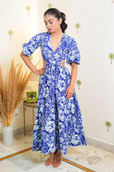 Clara Blue & White Floral Cut-Out Dress