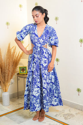 Clara Blue & White Floral Cut-Out Dress