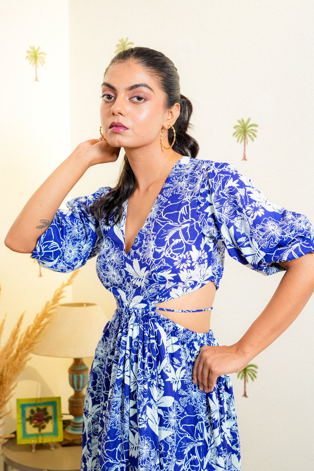 Clara Blue & White Floral Cut-Out Dress