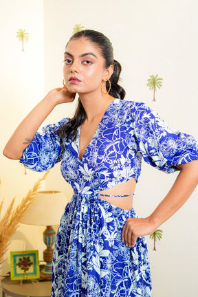 Clara Blue & White Floral Cut-Out Dress
