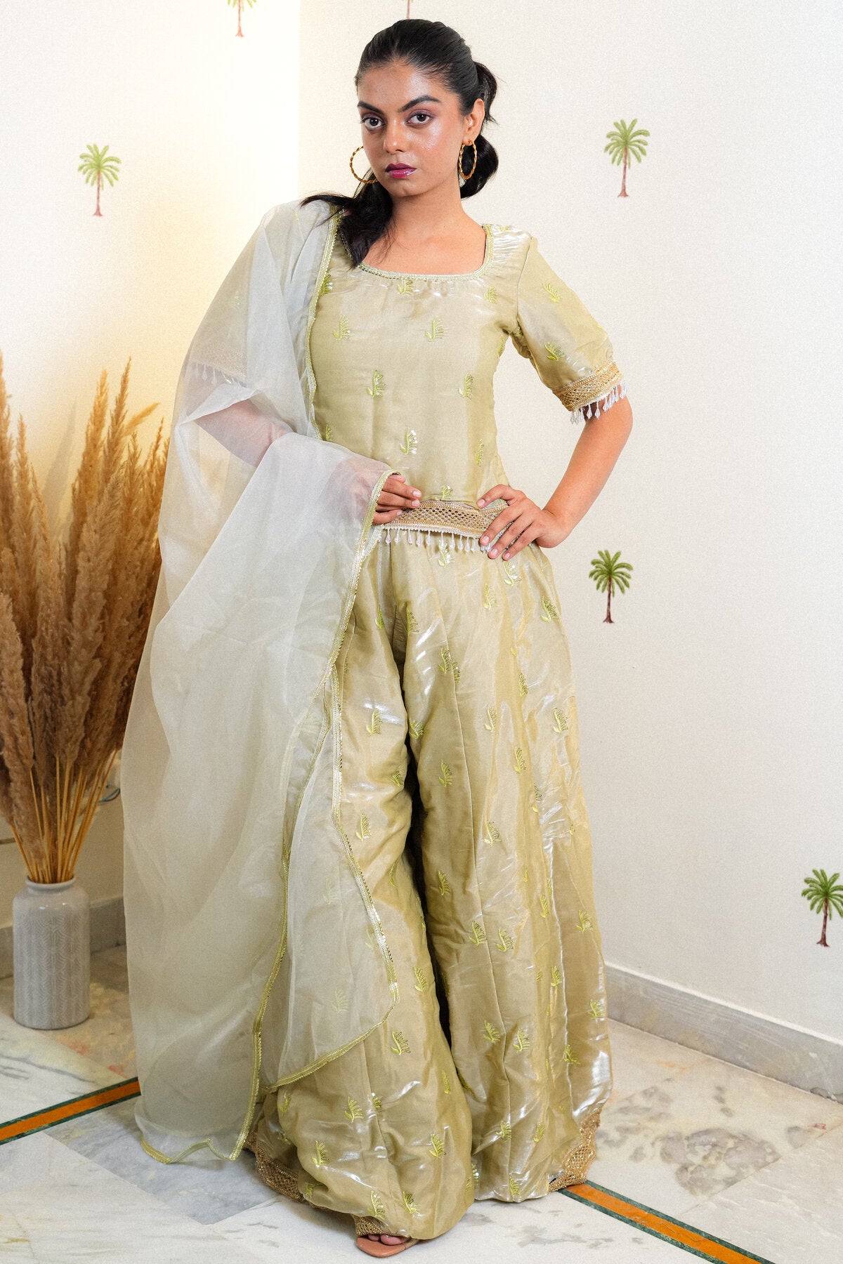 TAHIRA LIGHT GREEN JIMICHU SHARARA SET