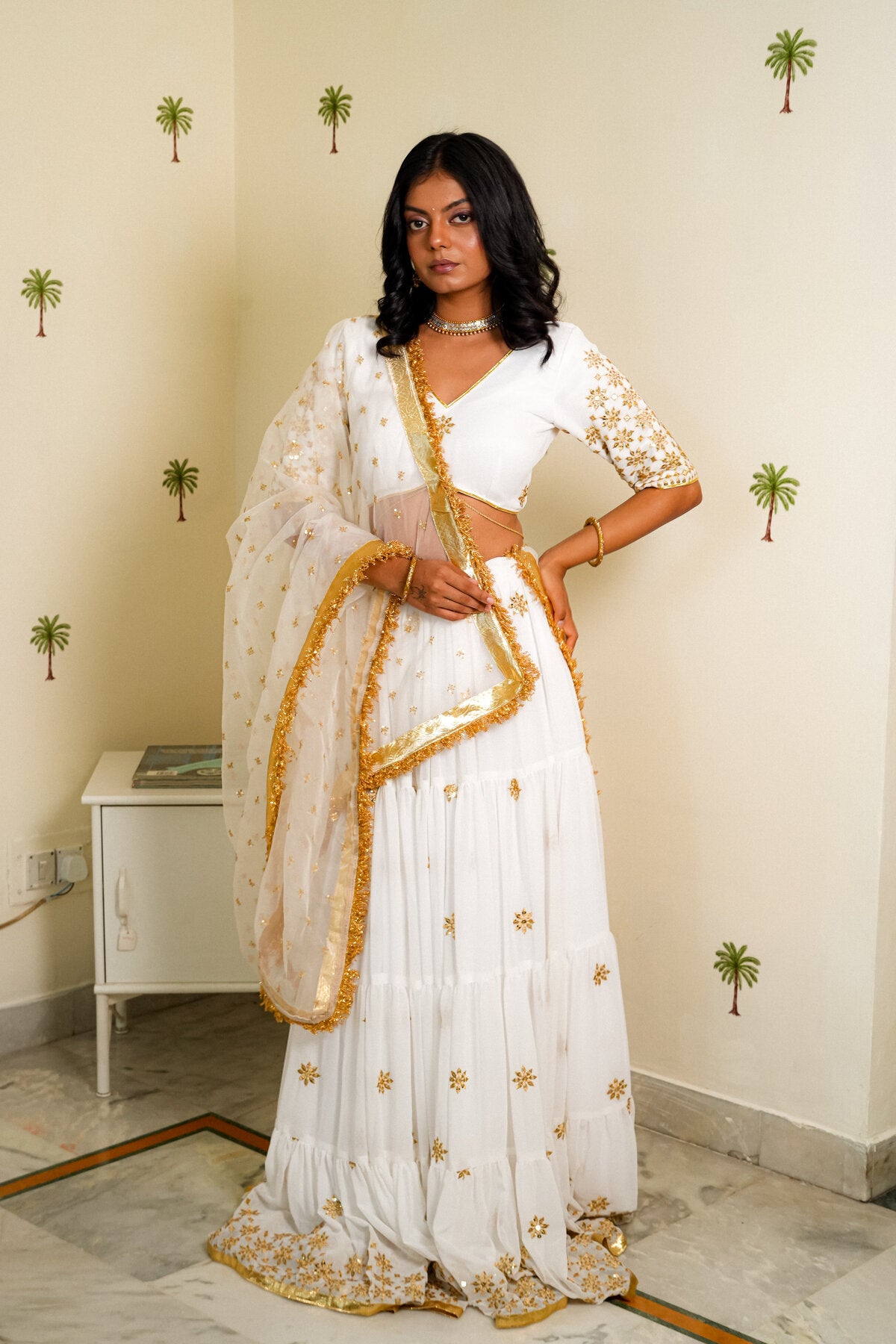 ANIKA WHITE SEQUENCE EMBROIDERED GEORGETTE LEHENGA SET