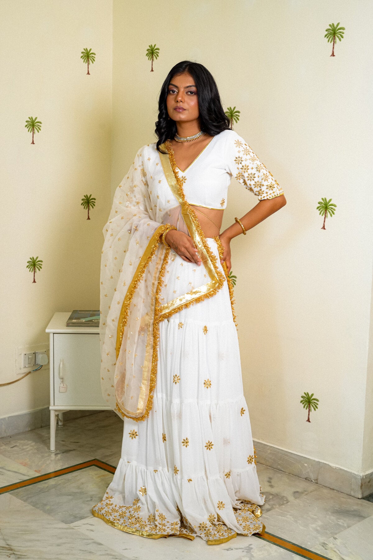 ANIKA WHITE SEQUENCE EMBROIDERED GEORGETTE LEHENGA SET