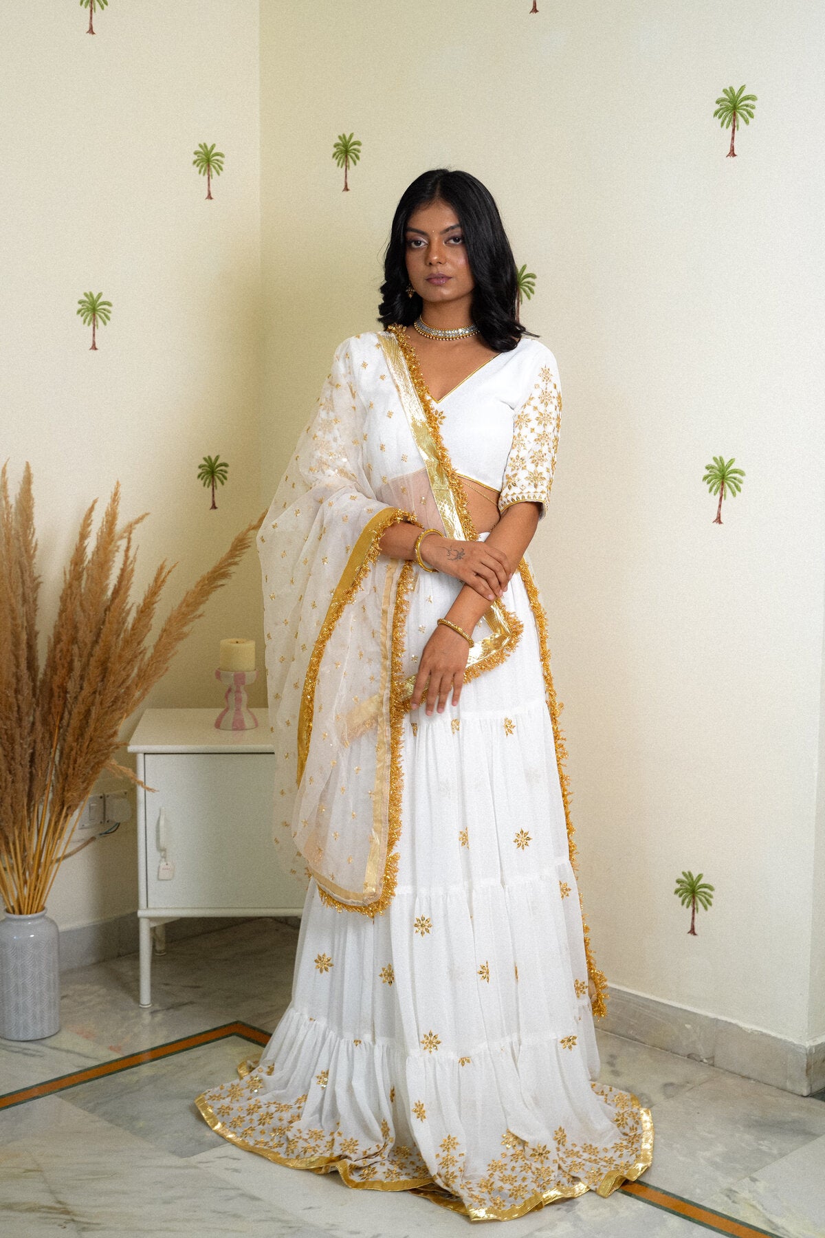 ANIKA WHITE SEQUENCE EMBROIDERED GEORGETTE LEHENGA SET