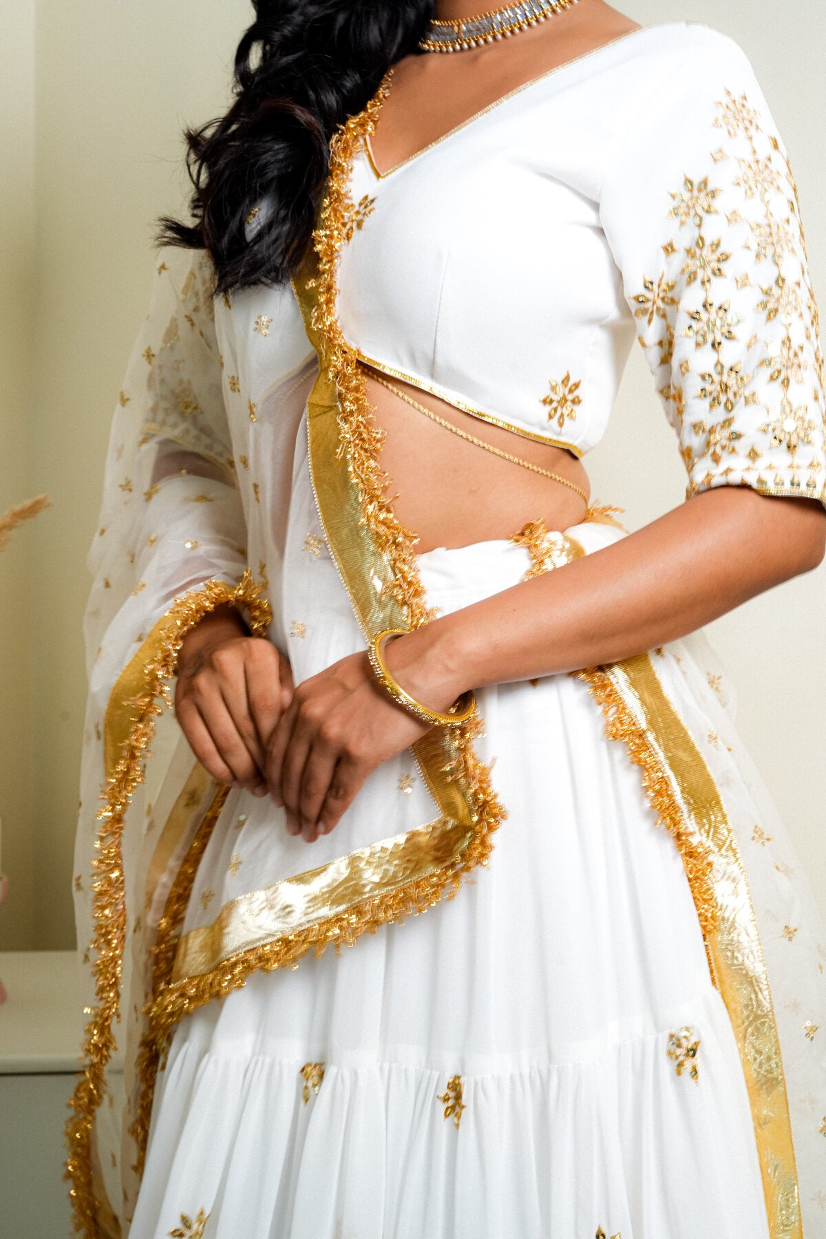 ANIKA WHITE SEQUENCE EMBROIDERED GEORGETTE LEHENGA SET