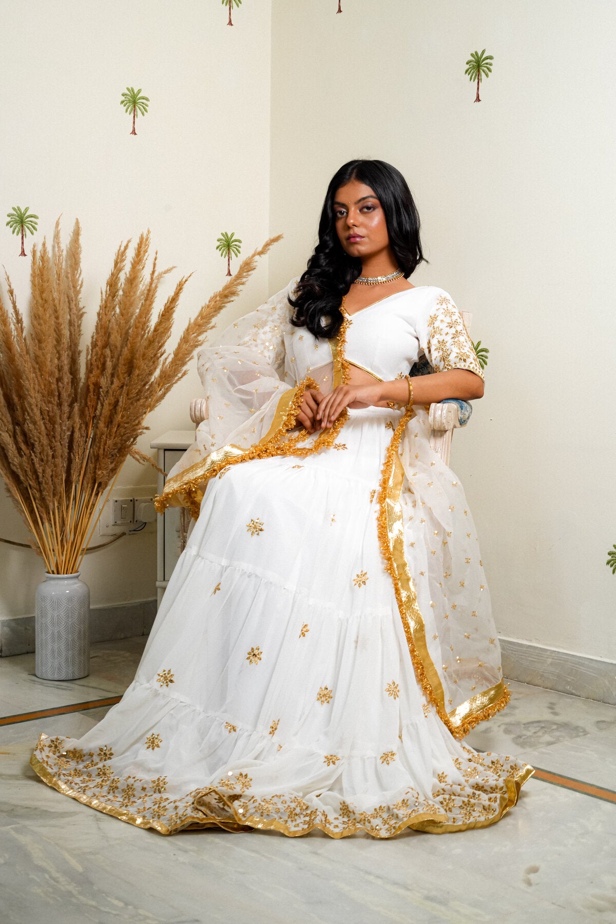 ANIKA WHITE SEQUENCE EMBROIDERED GEORGETTE LEHENGA SET